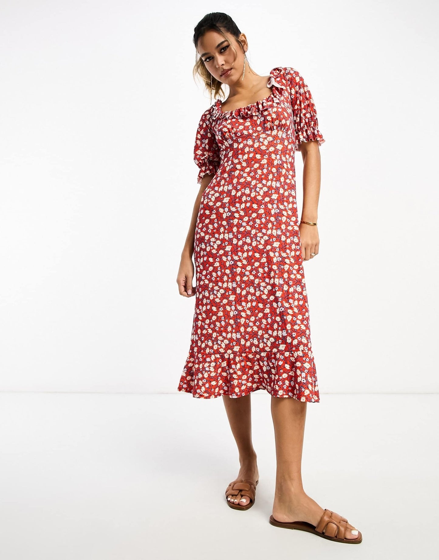 River Island frill neck tea midi dress in black floral print - ASOS Sample Sale