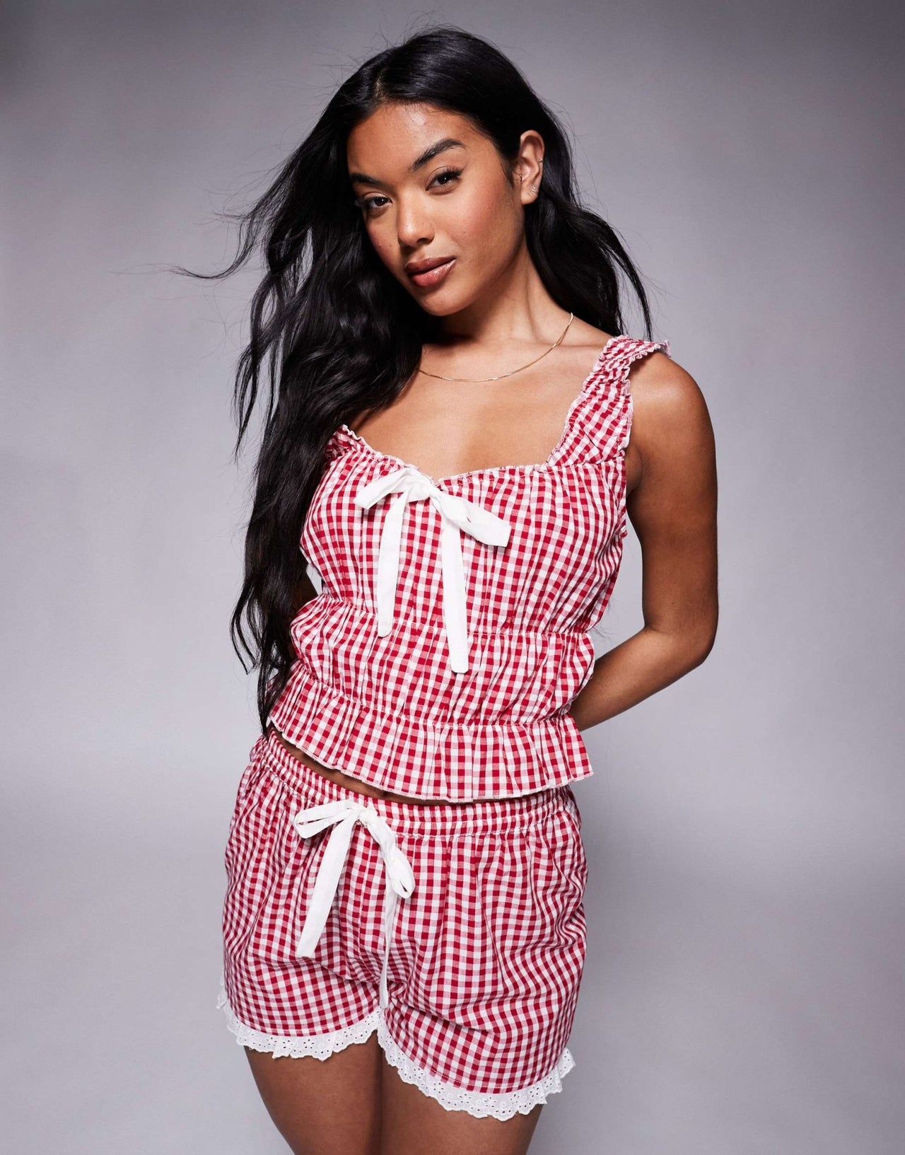 River Island gingham cami top and short loungewear set in red - ASOS Sample Sale
