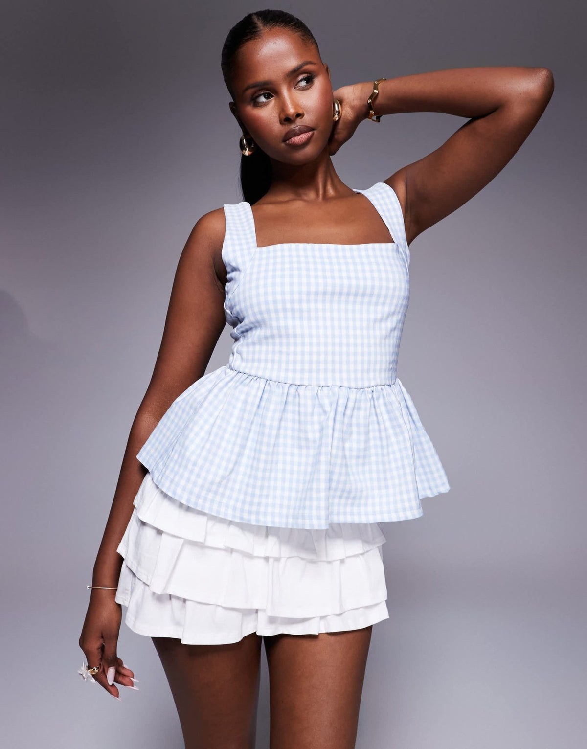 River Island gingham peplum top in light blue - ASOS Sample Sale