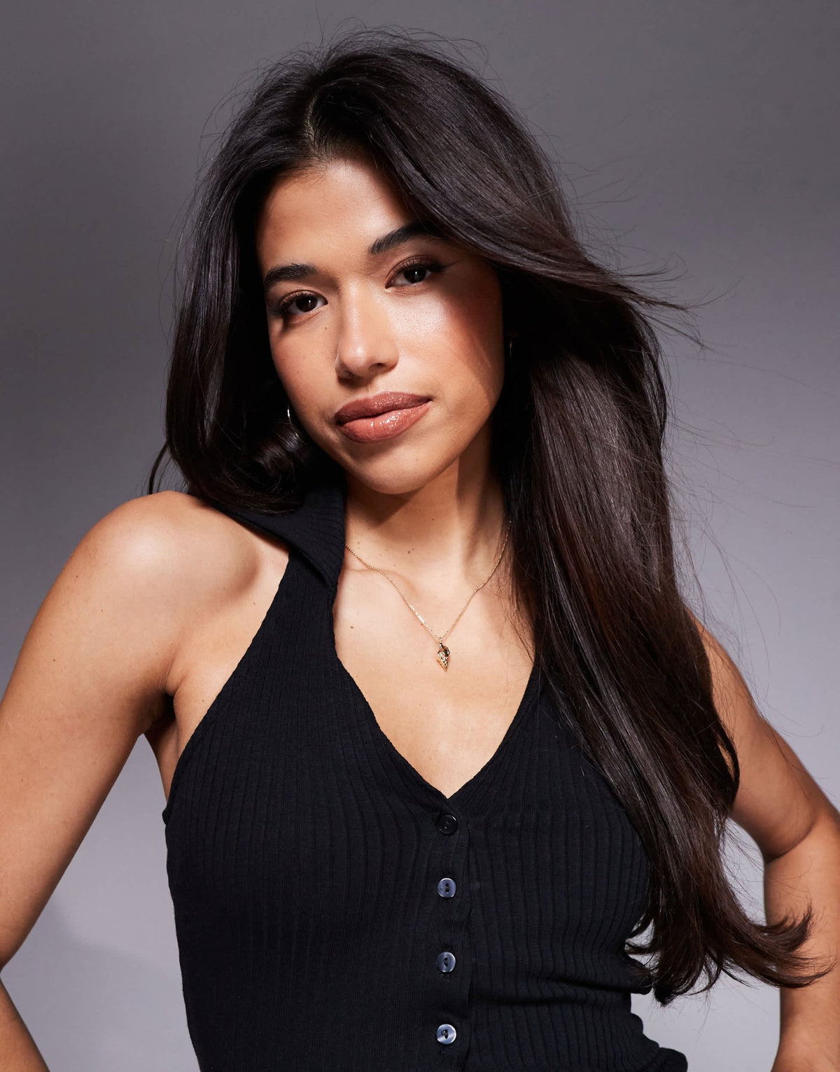 River Island halter neck button through top in black - ASOS Sample Sale
