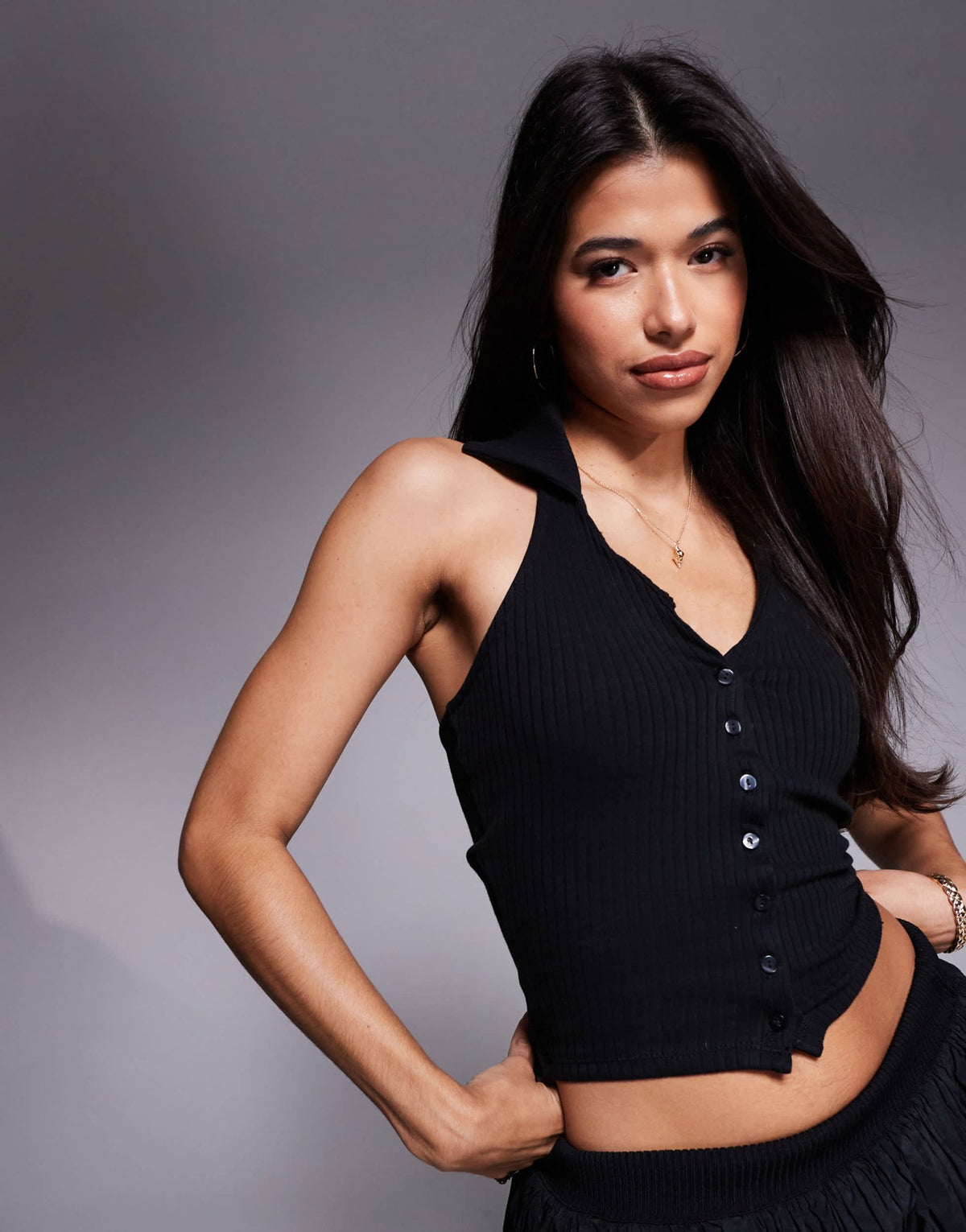 River Island halter neck button through top in black - ASOS Sample Sale