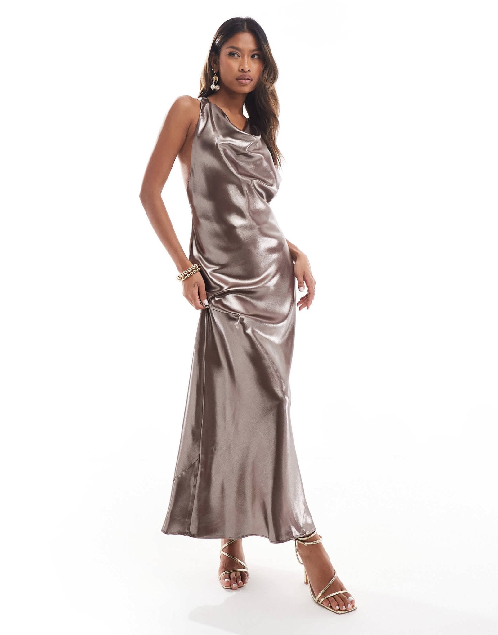 River Island halterneck twist back slip midi dress in brown - ASOS Sample Sale