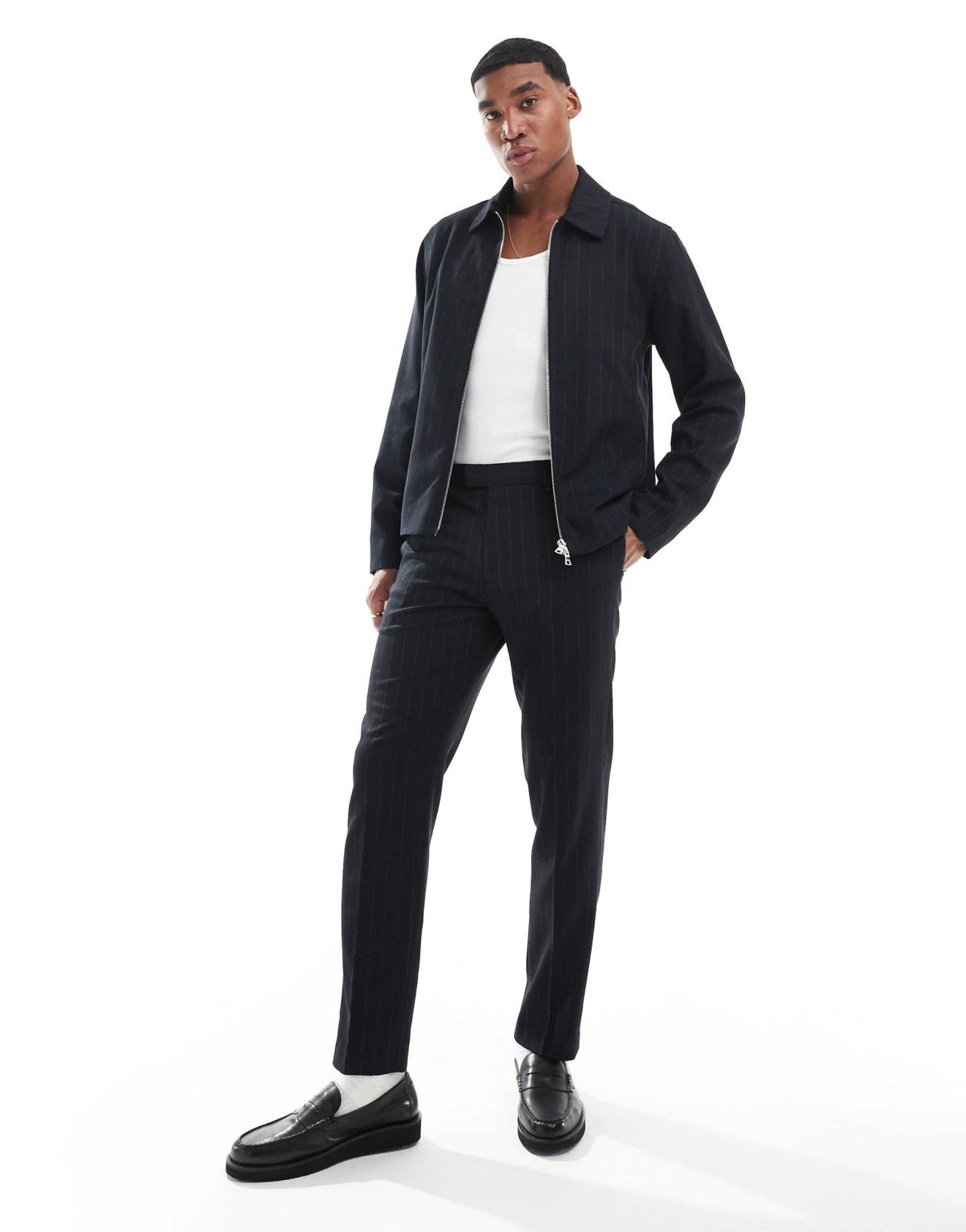 River Island harrington jacket co - ord in navy pinstripe - ASOS Sample Sale
