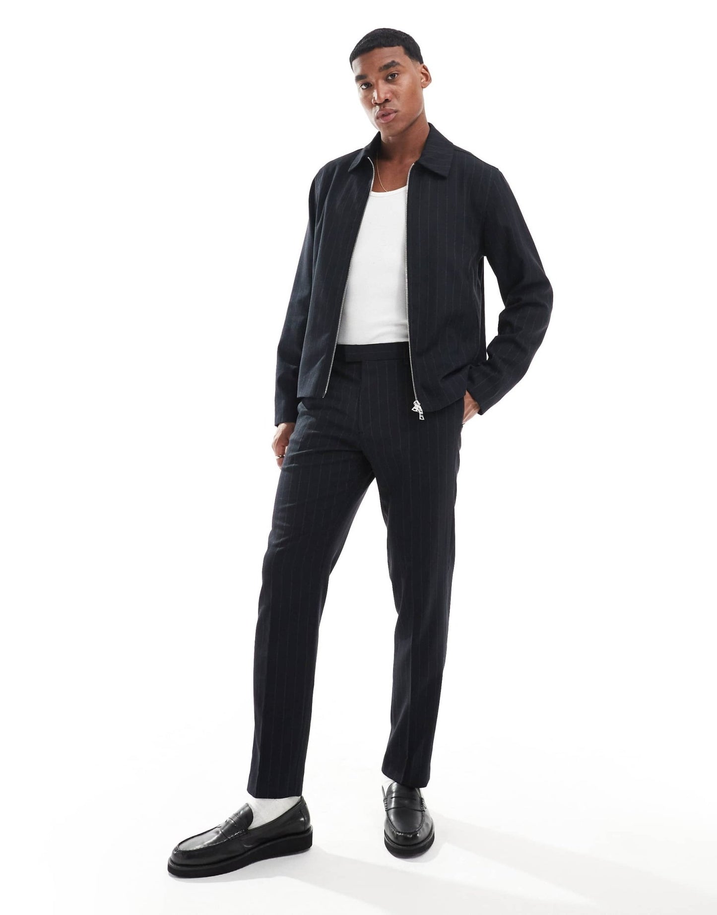 River Island harrington jacket co - ord in navy pinstripe - ASOS Sample Sale
