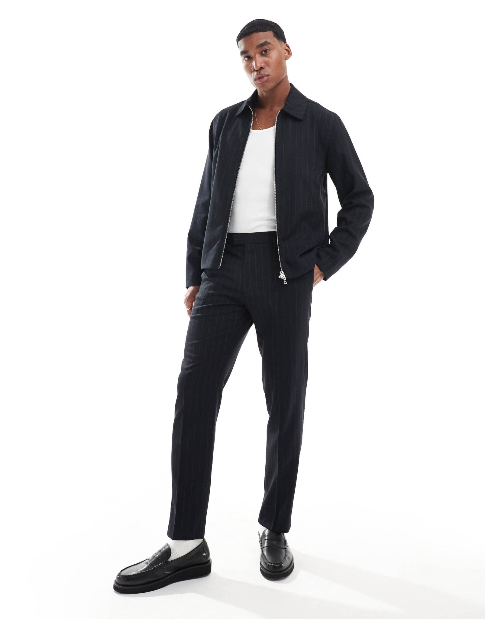 River Island harrington jacket co - ord in navy pinstripe - ASOS Sample Sale