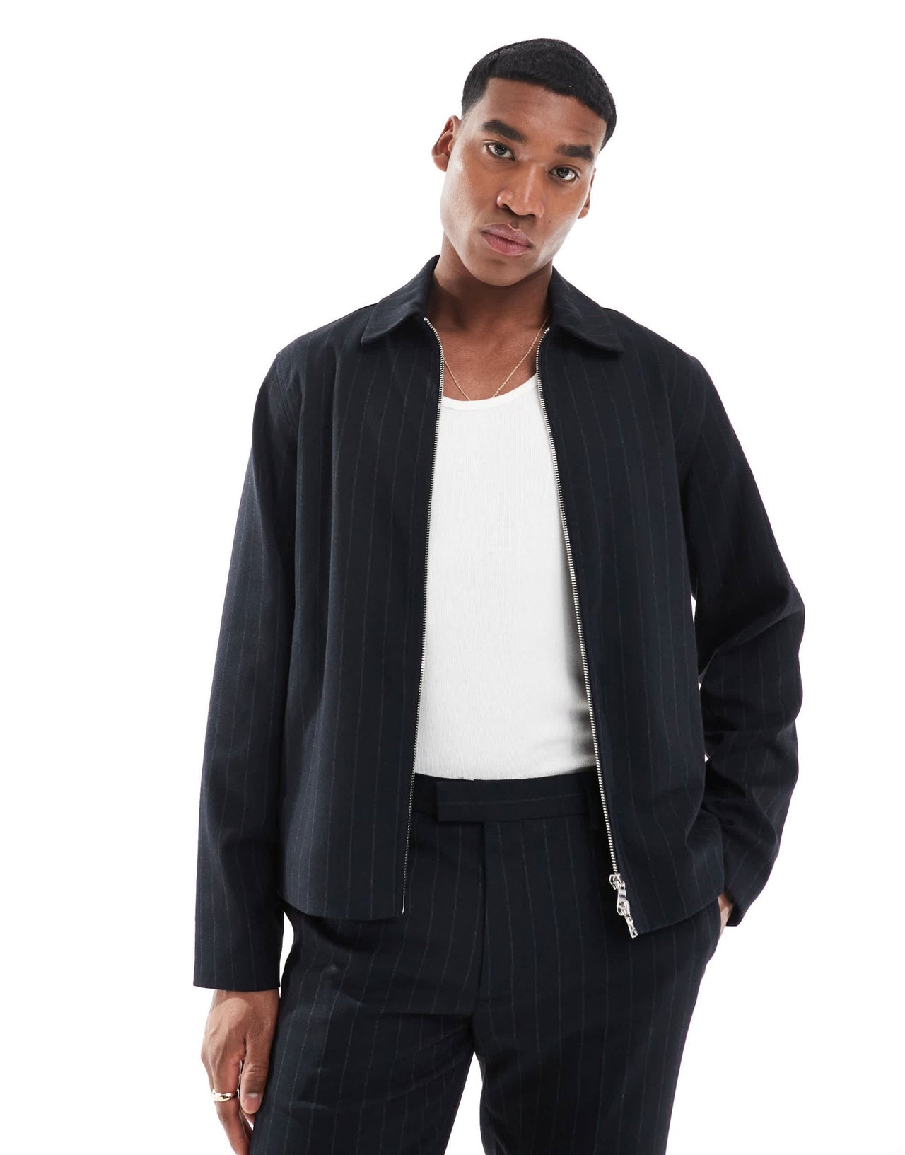 River Island harrington jacket co - ord in navy pinstripe - ASOS Sample Sale