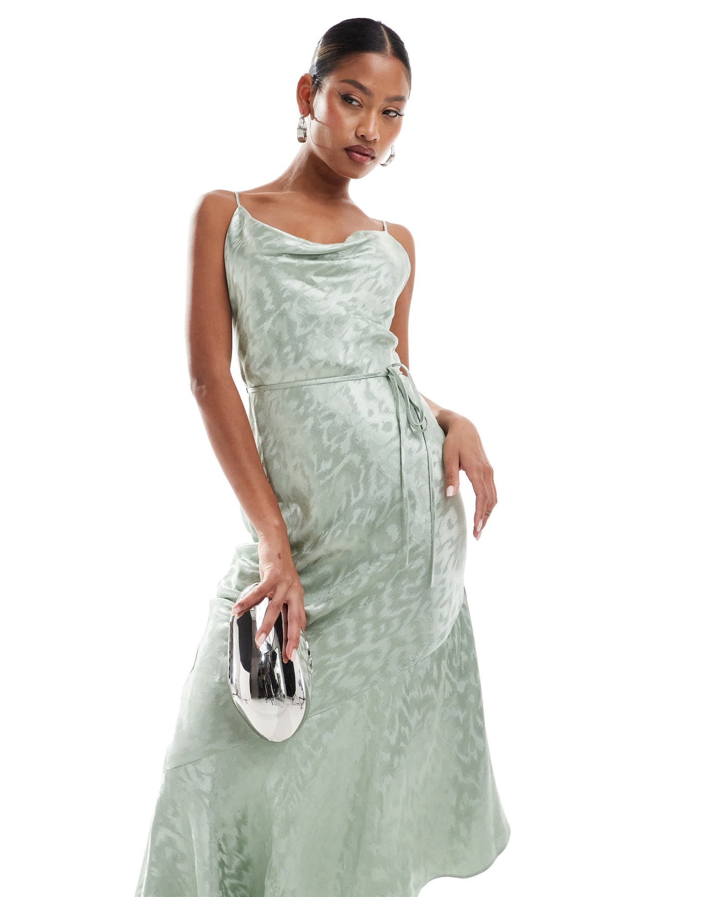 River Island jacquard satin midi slip dress in sage - ASOS Sample Sale
