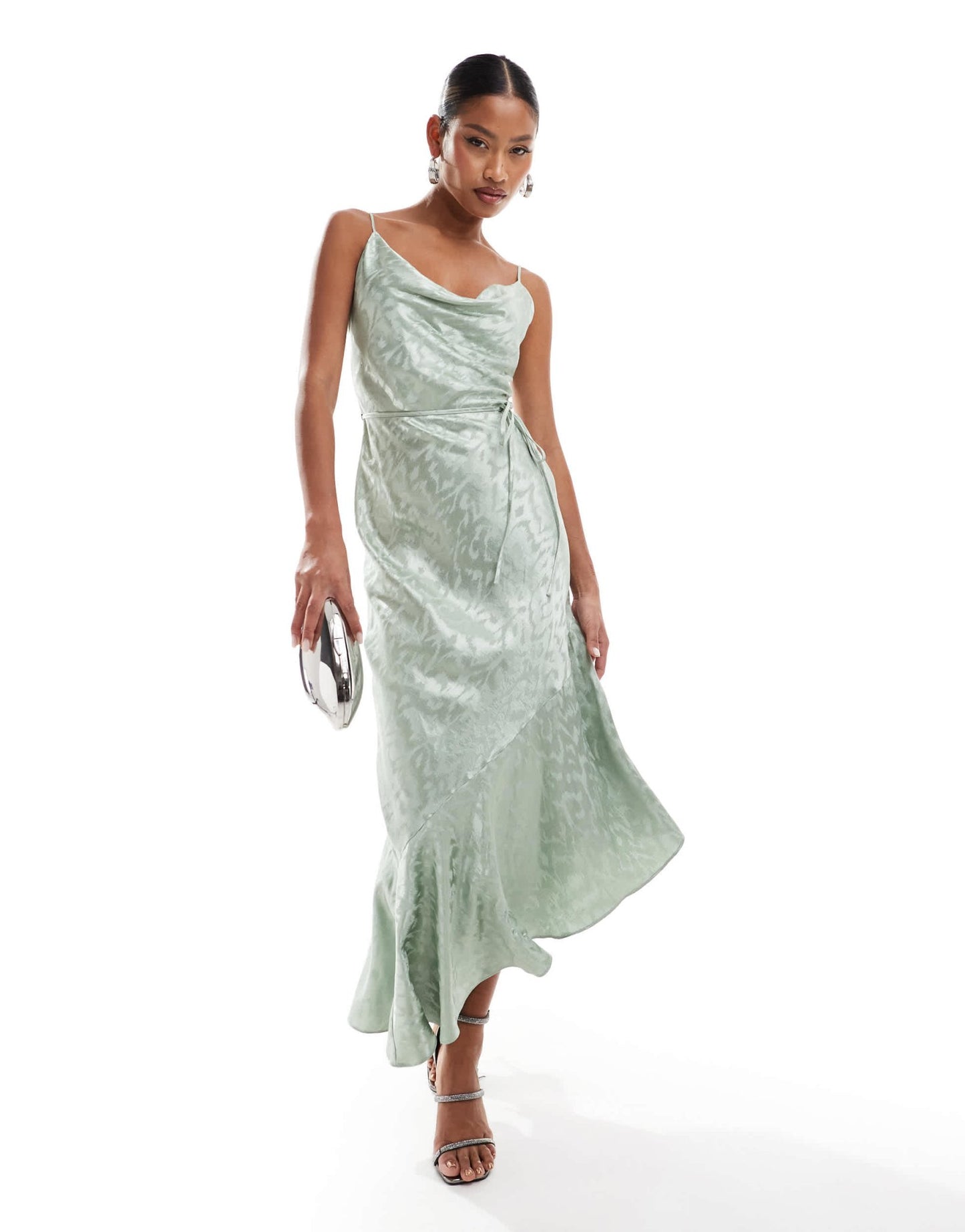 River Island jacquard satin midi slip dress in sage - ASOS Sample Sale