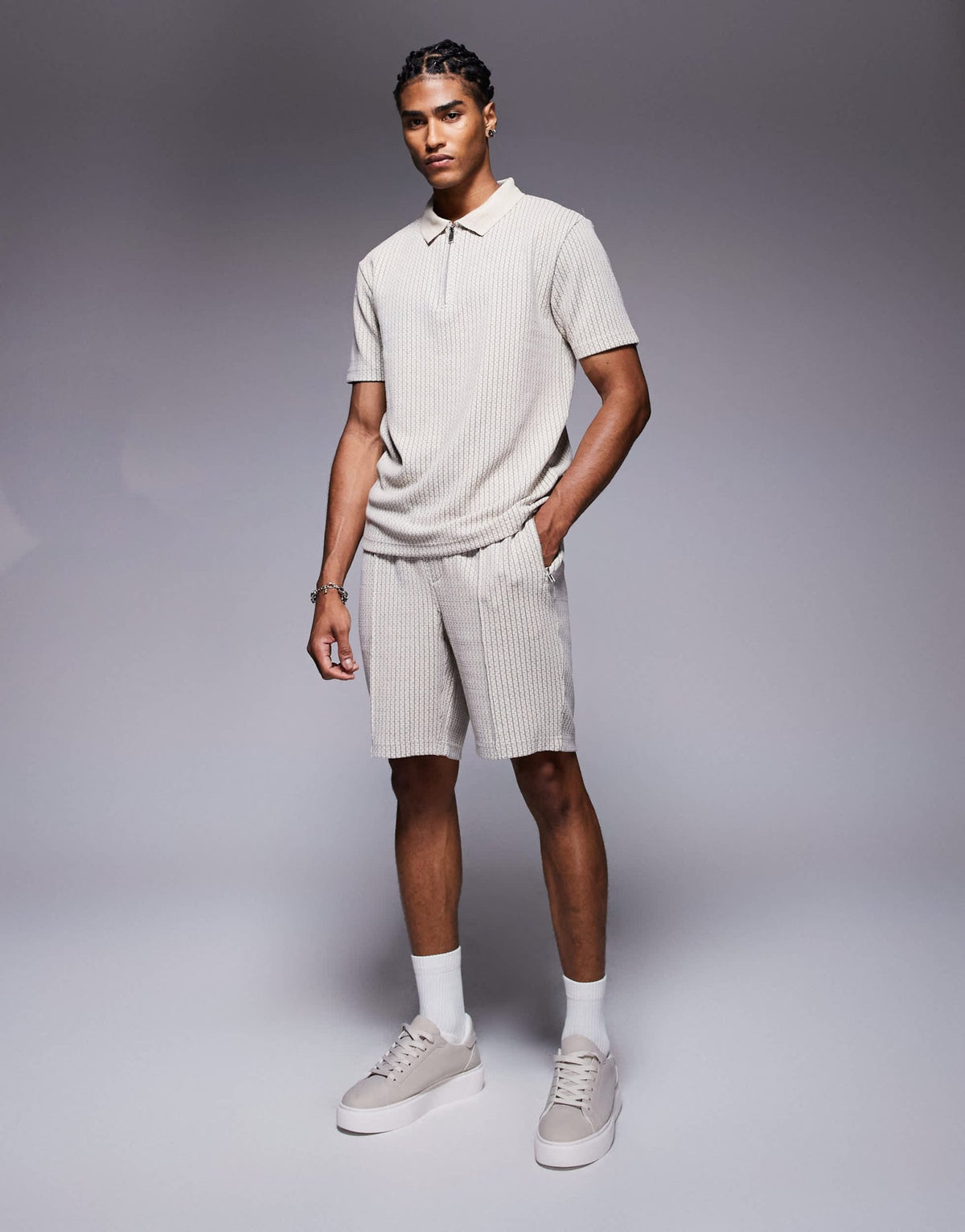 River Island jacquard shorts co-ord in stone - ASOS Sample Sale