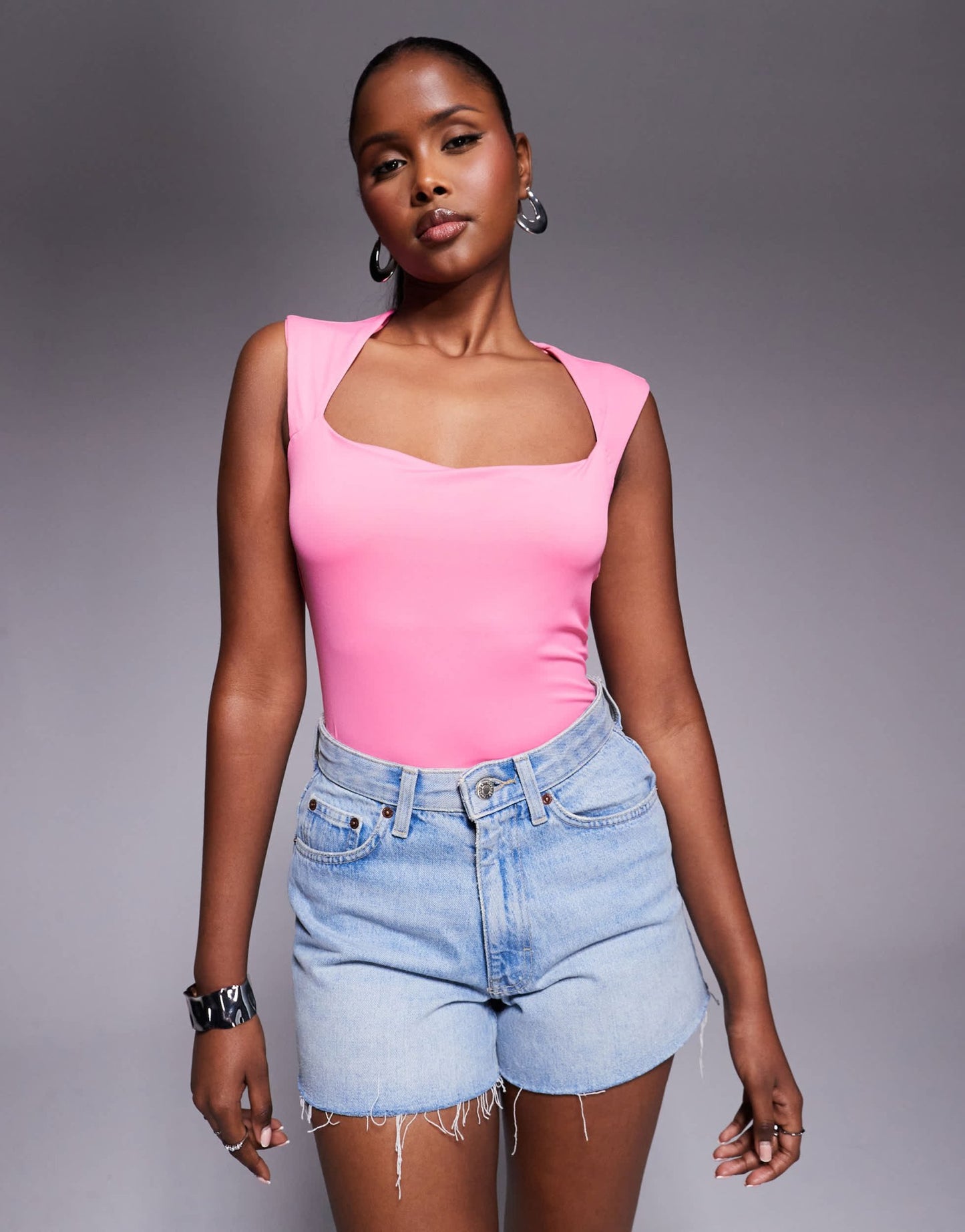 River Island jersey square neck bodysuit in pink - ASOS Sample Sale