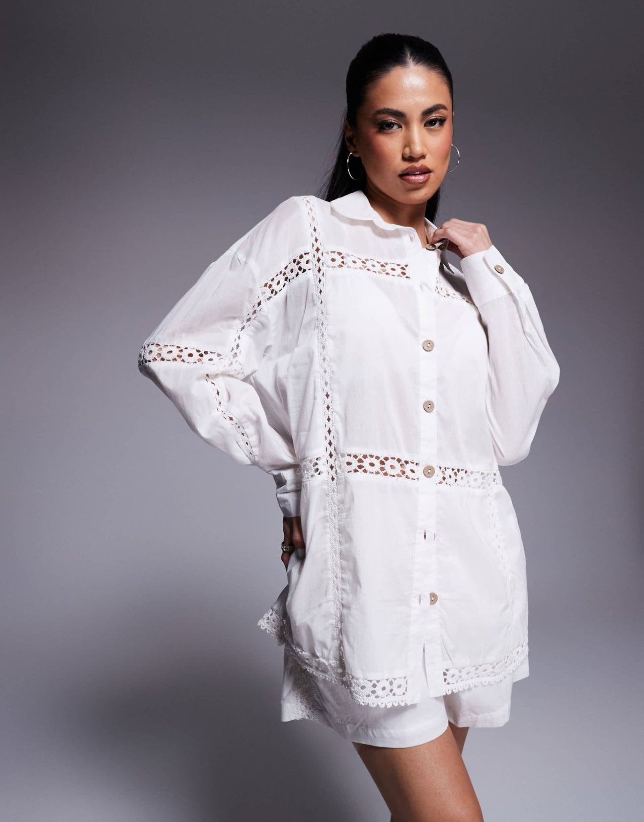 River Island lace insert shirt co - ord in white - ASOS Sample Sale