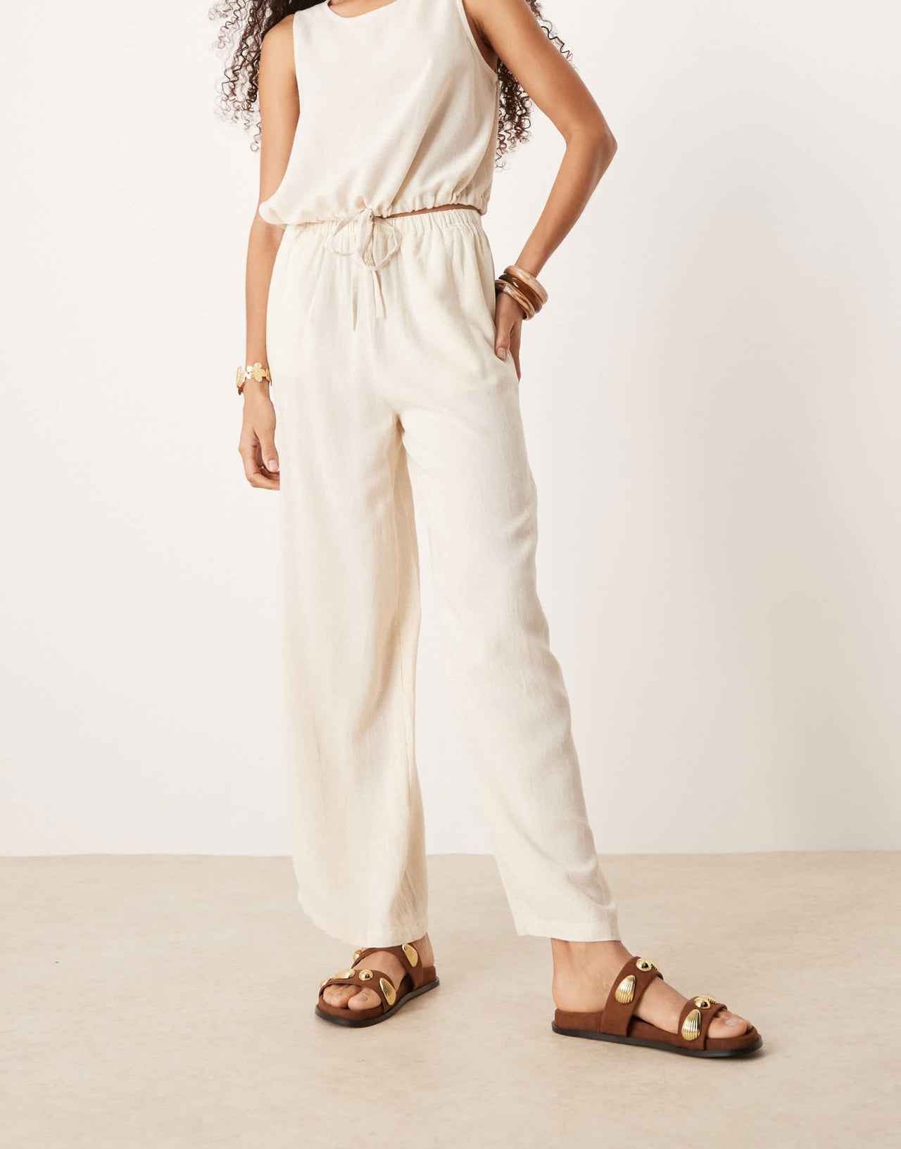 River Island linen trouser co-ord in cream - ASOS Sample Sale