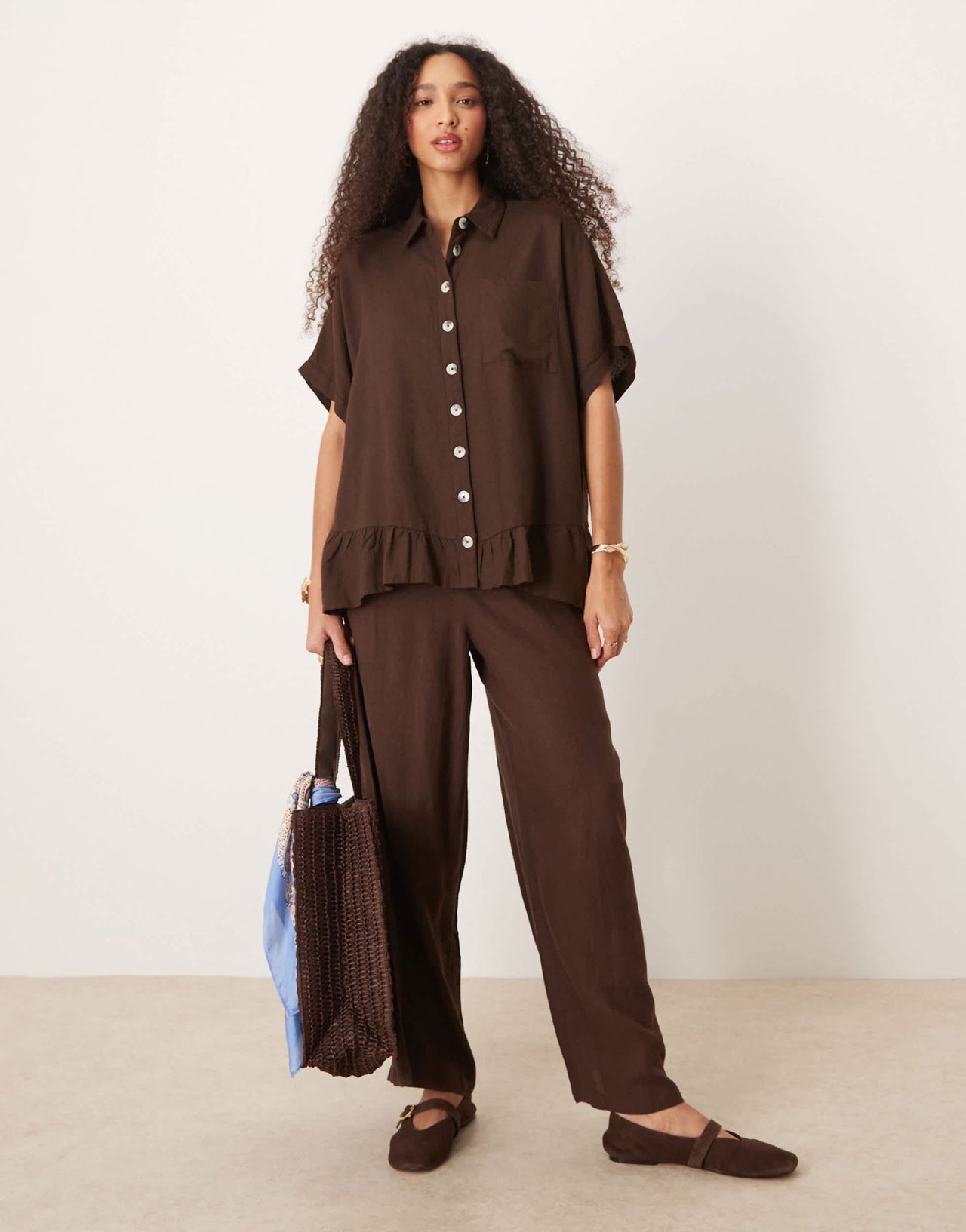 River Island linen trouser in dark brown - ASOS Sample Sale