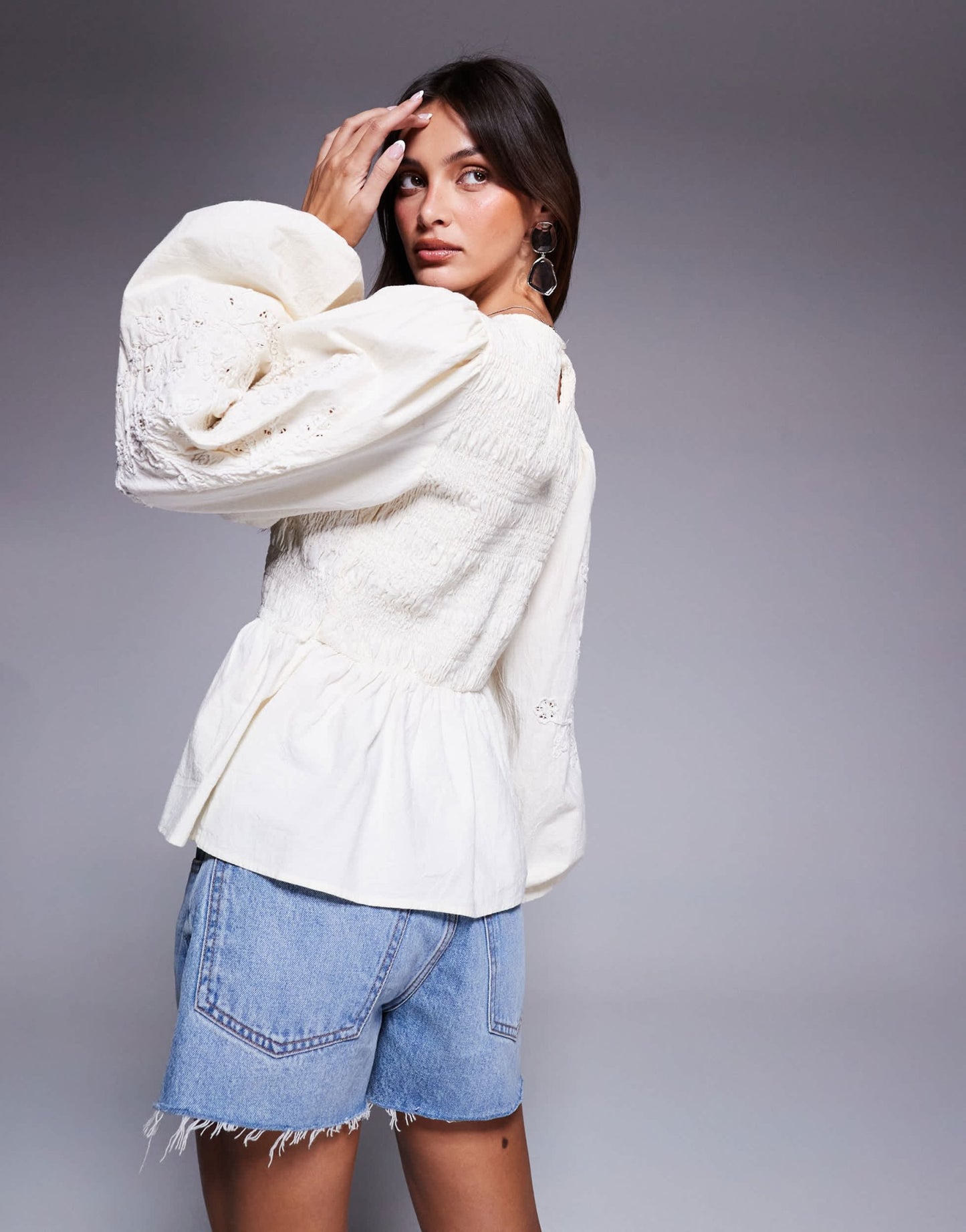 River Island long sleeve shirred top in cream - ASOS Sample Sale