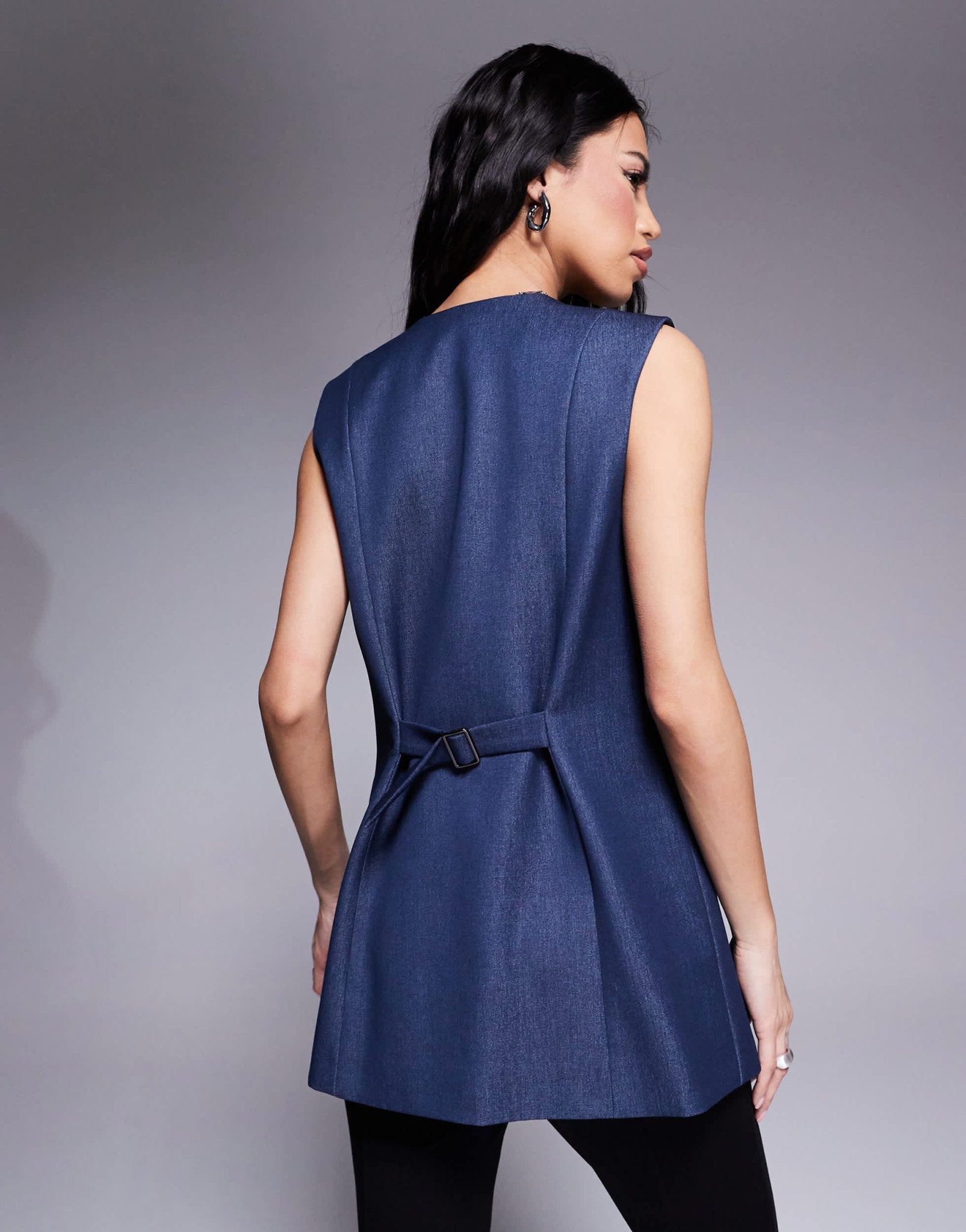 River Island longline denim waistcoat in midwash blue - ASOS Sample Sale