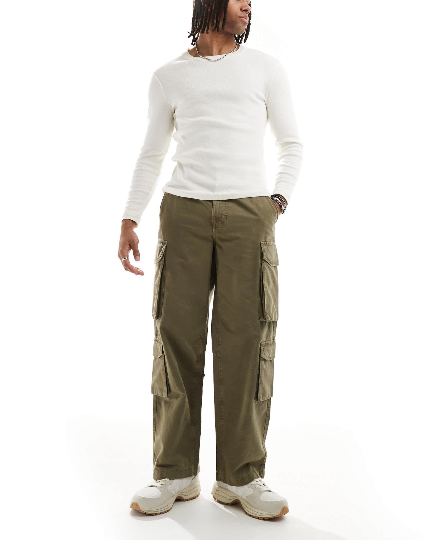 River Island loose leg cargo trousers dark khaki - ASOS Sample Sale