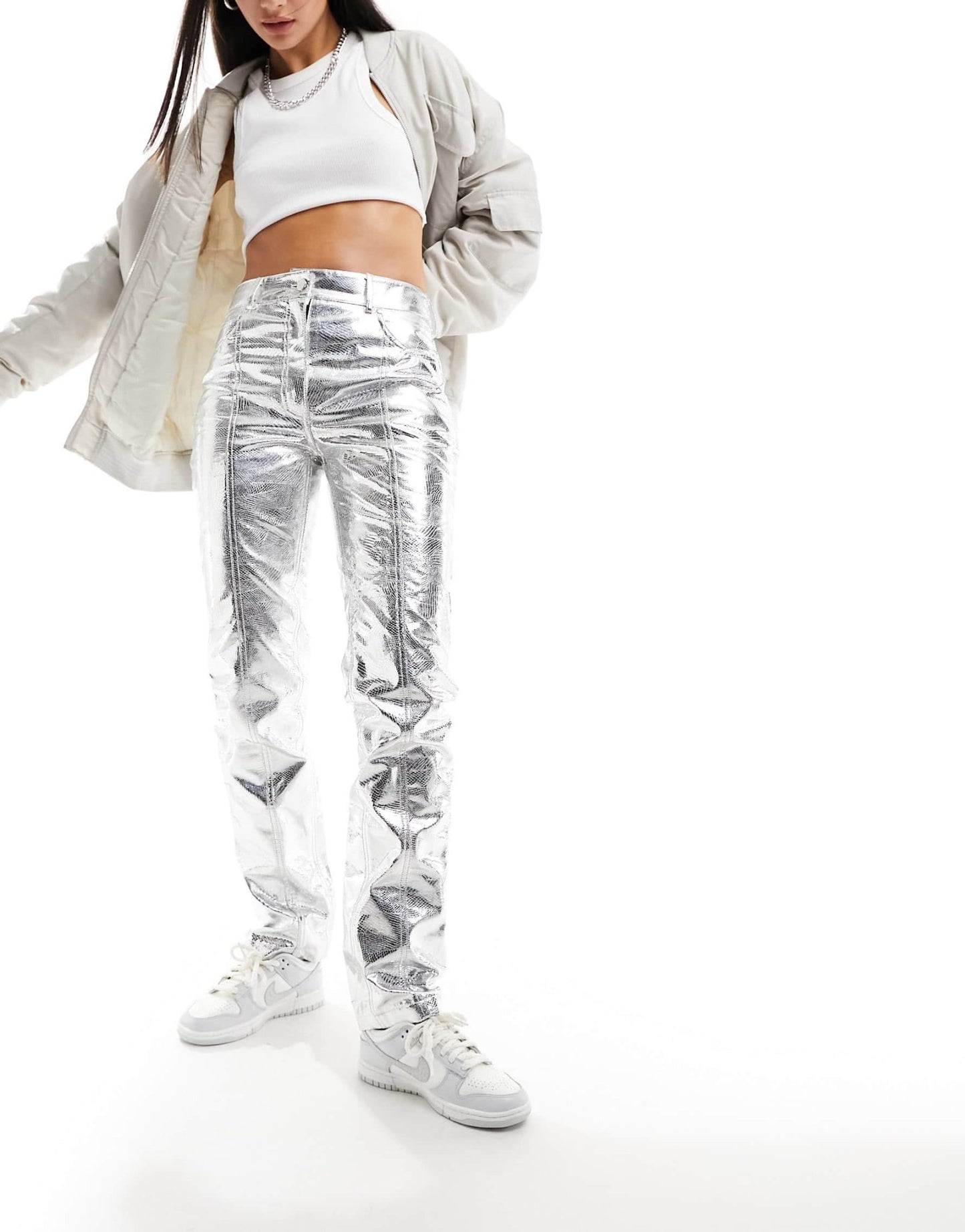 River Island metallic straight leg trouser in silver - ASOS Sample Sale