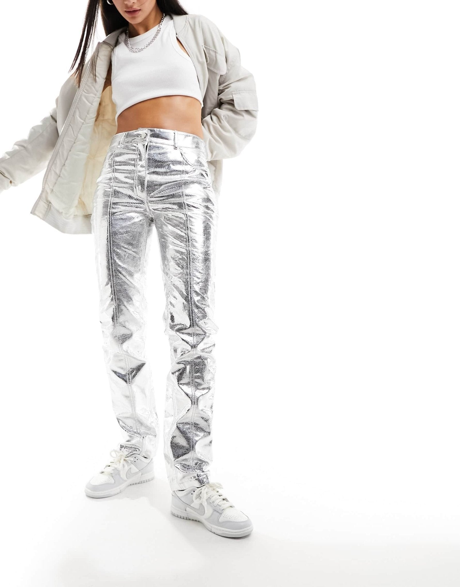River Island metallic straight leg trouser in silver - ASOS Sample Sale