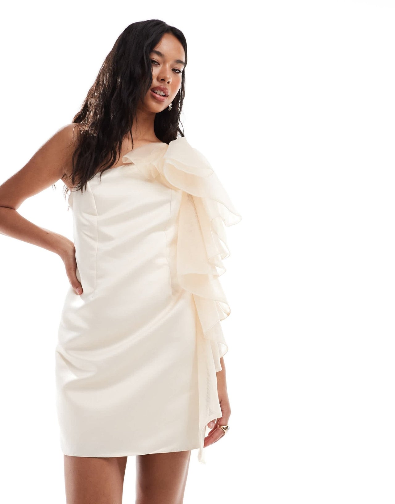 River Island mini dress with ruffle detail in cream - ASOS Sample Sale