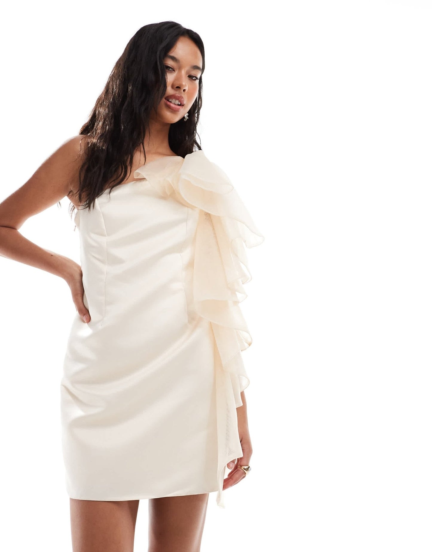 River Island mini dress with ruffle detail in cream - ASOS Sample Sale