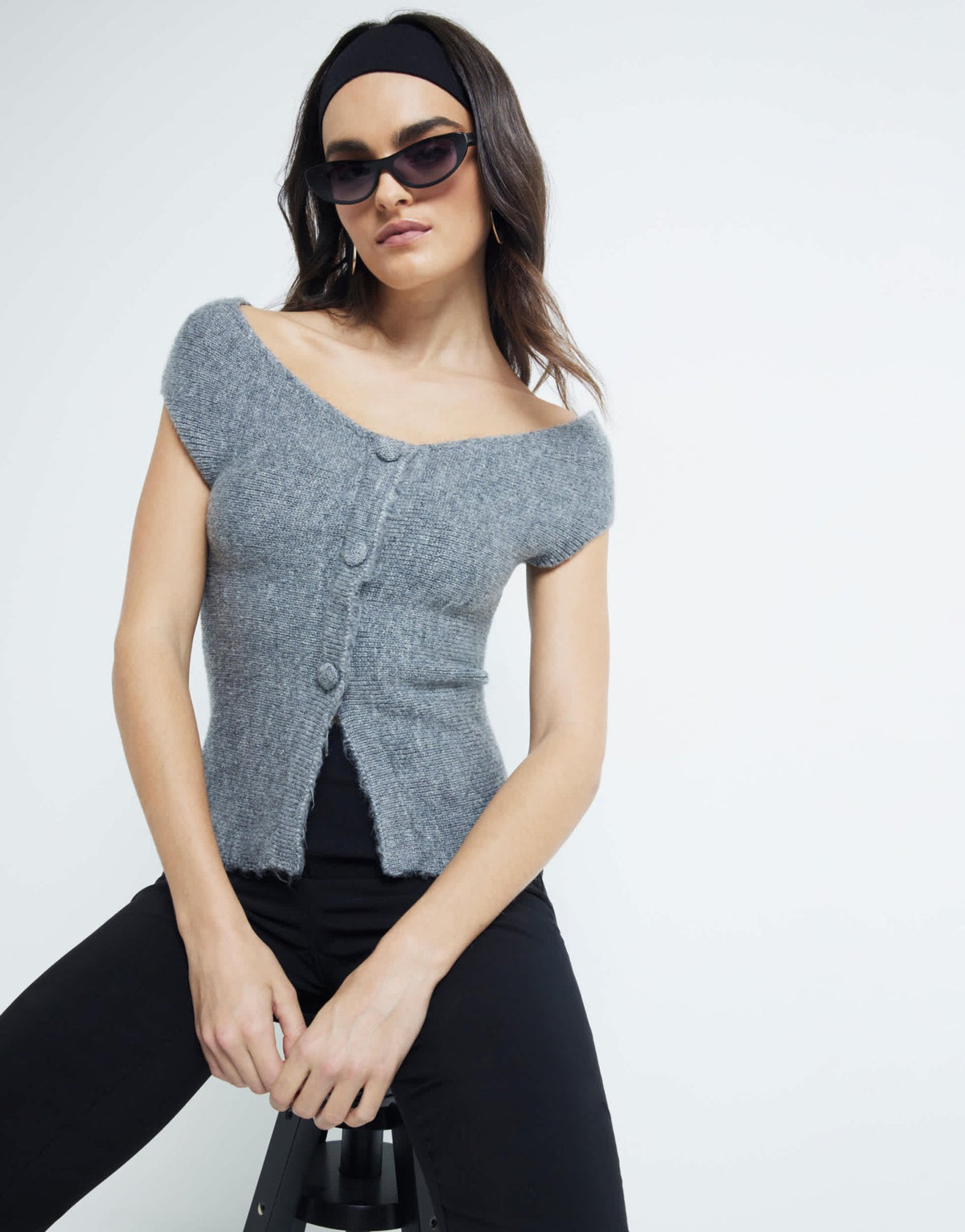 River Island off shoulder knitted top in grey - ASOS Sample Sale
