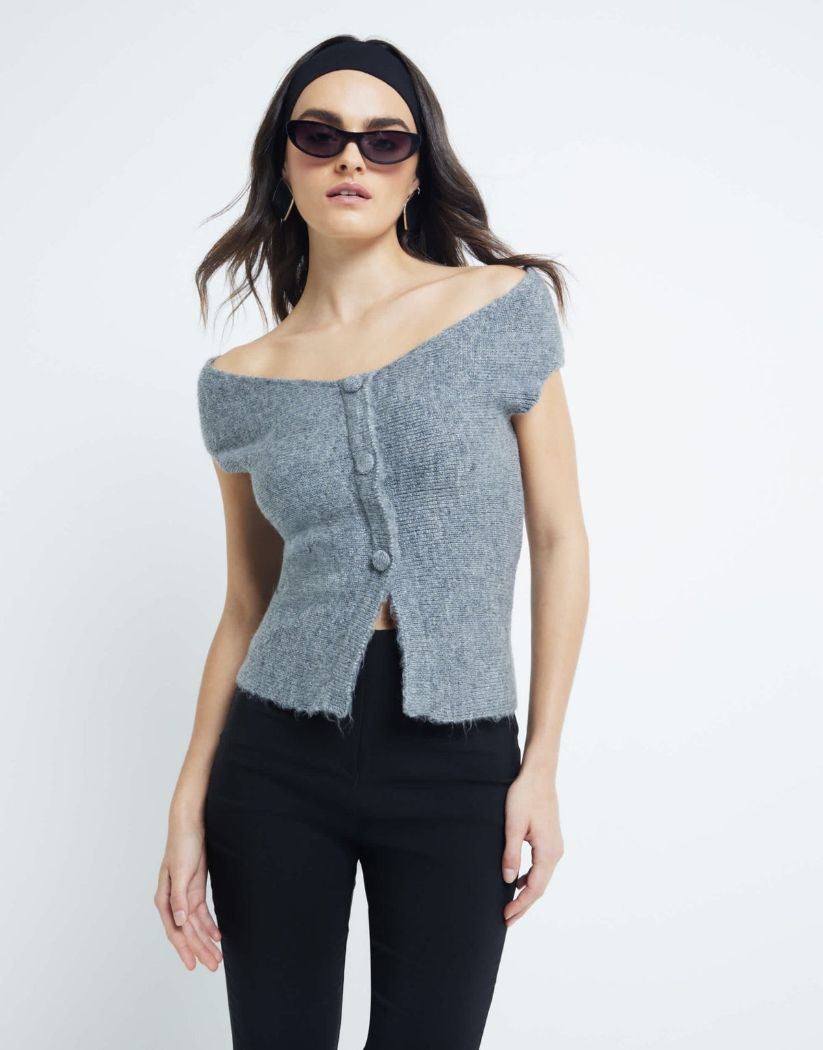 River Island off shoulder knitted top in grey - ASOS Sample Sale