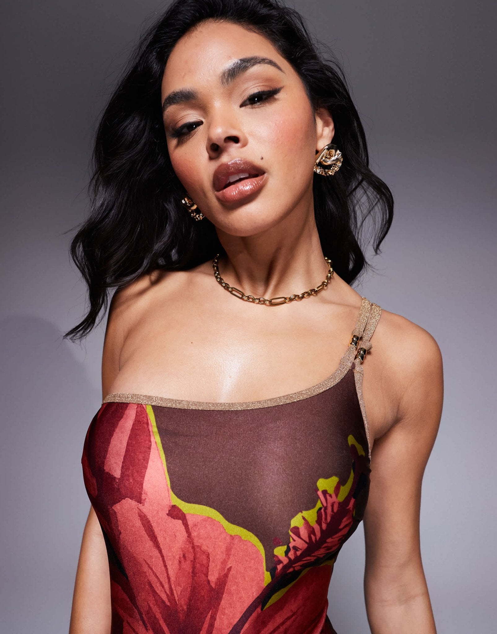 River island one shoulder flower swimsuit in brown - ASOS Sample Sale