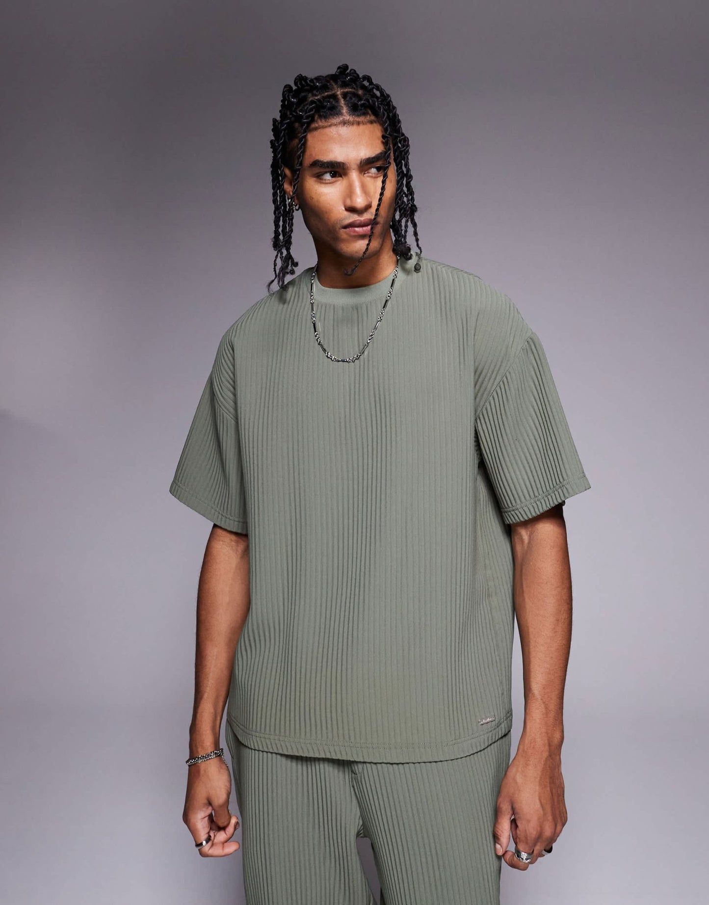 River Island oversized plisse t-shirt co-ord in light khaki - ASOS Sample Sale