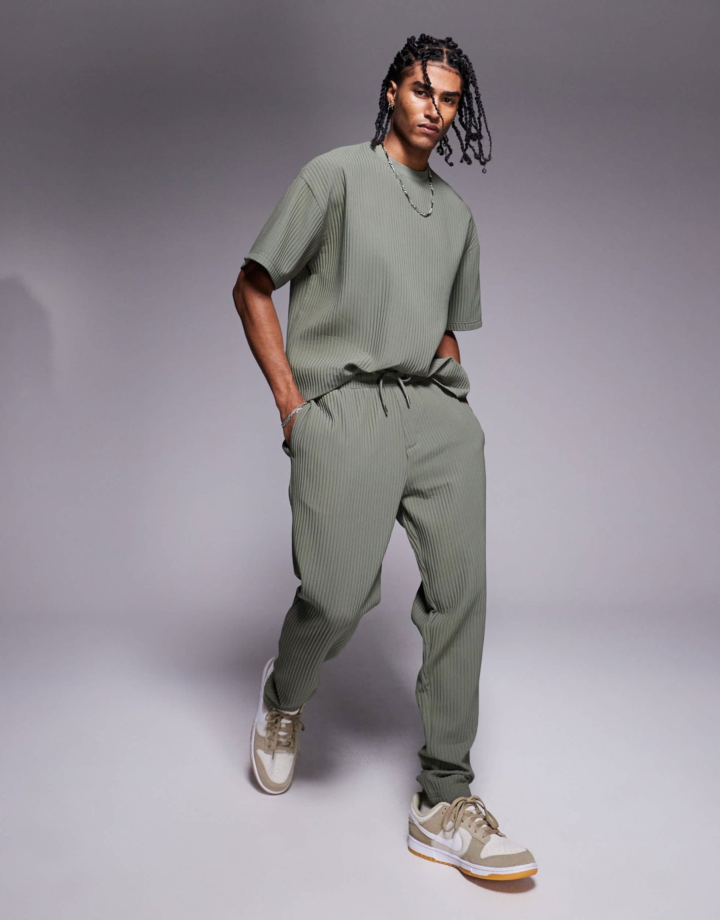 River Island oversized plisse t-shirt co-ord in light khaki - ASOS Sample Sale