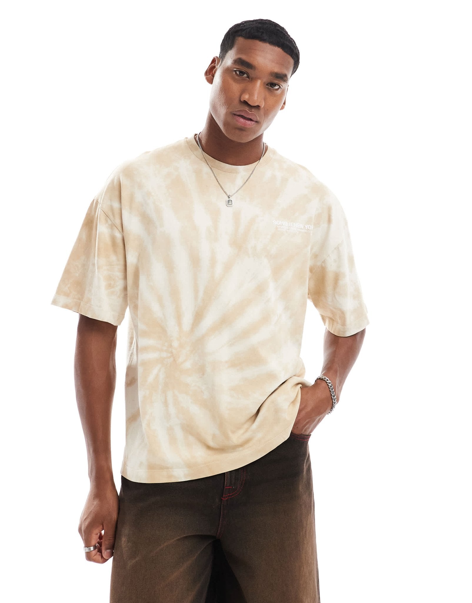River Island oversized t-shirt with Soho logo back print in ecru tie dye - ASOS Sample Sale