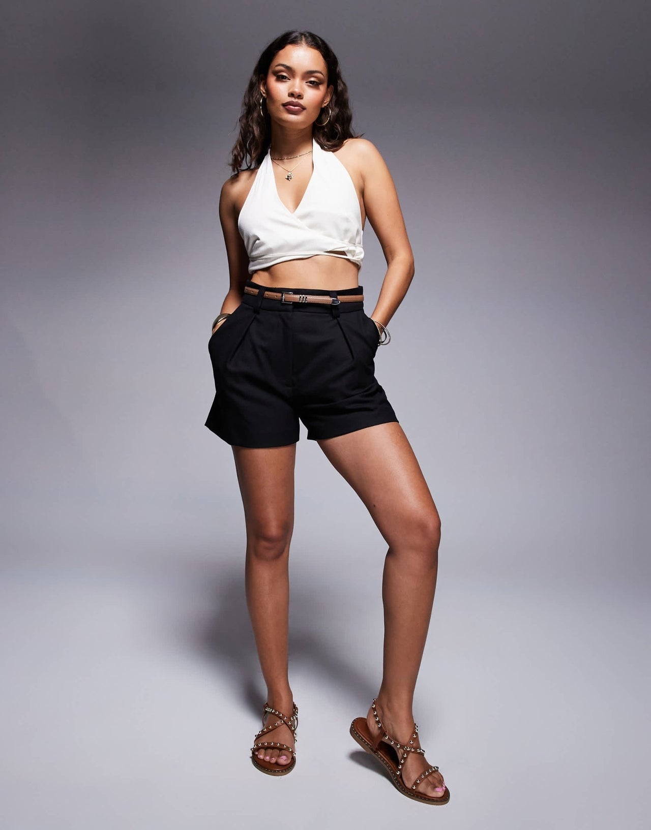 River Island Petite belted tailored short in black - ASOS Sample Sale
