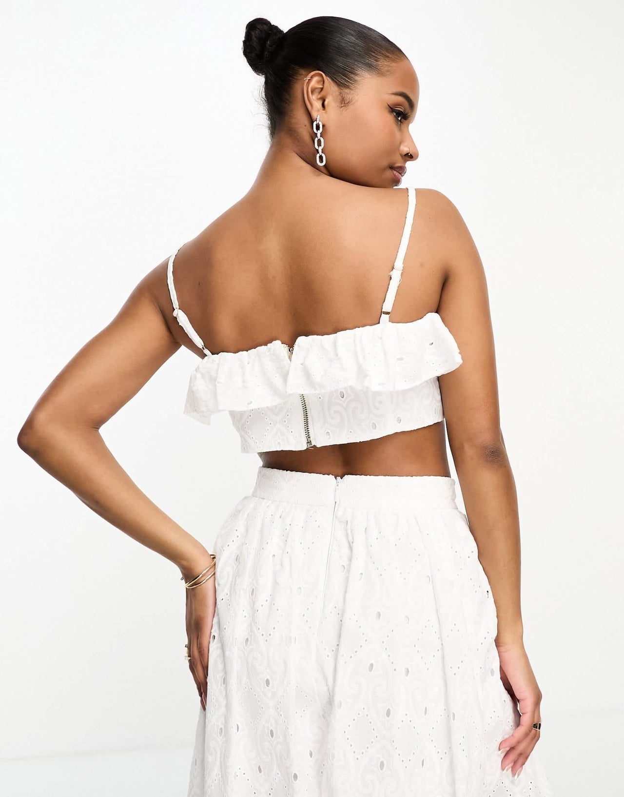 River Island Petite co - ord broderie bandeau frilly crop top in white - ASOS Sample Sale
