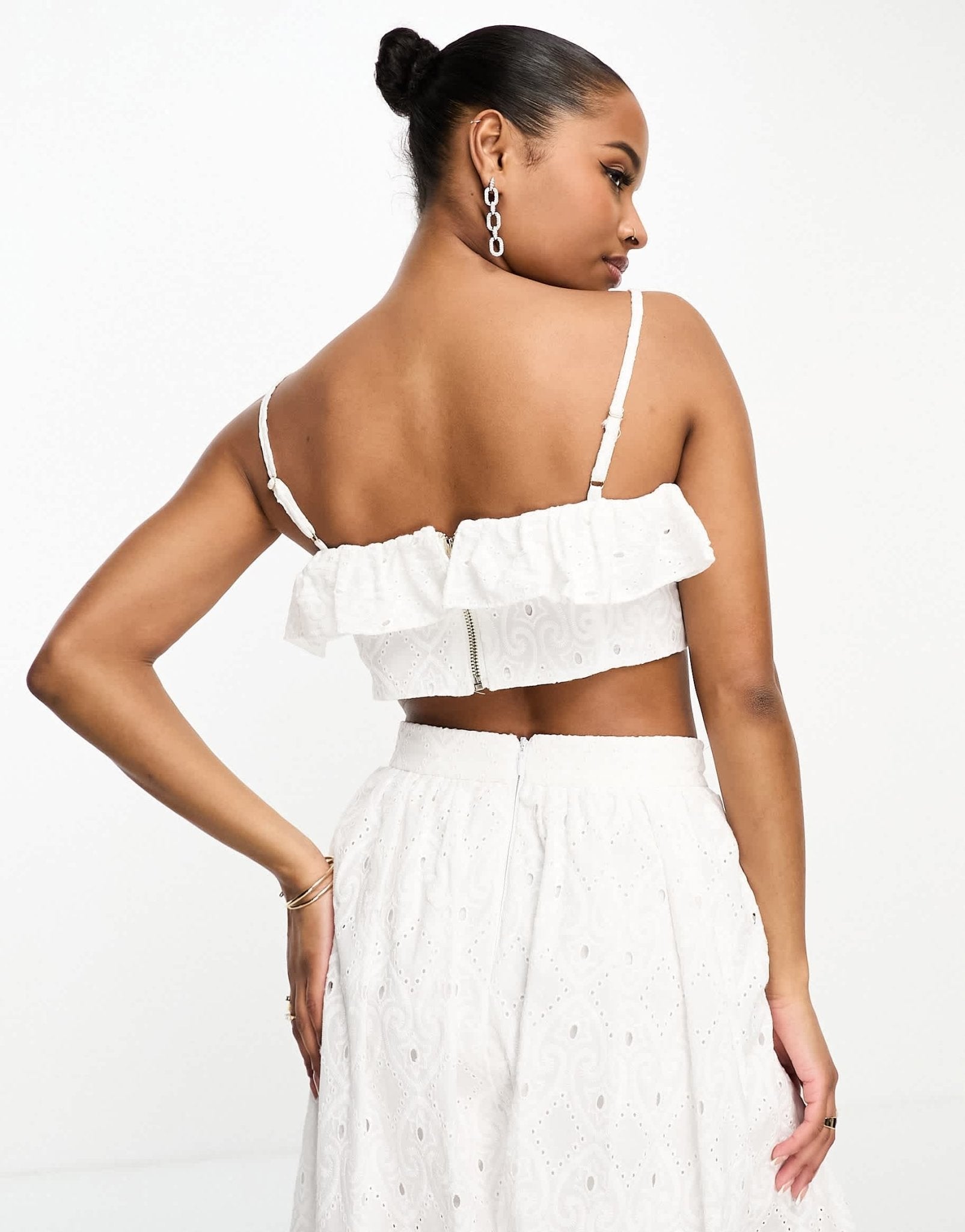 River Island Petite co - ord broderie bandeau frilly crop top in white - ASOS Sample Sale