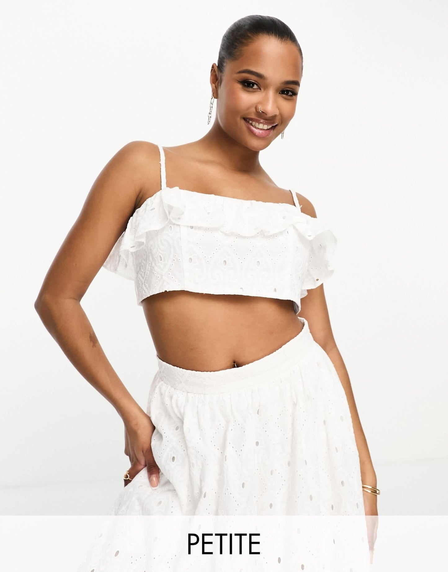 River Island Petite co - ord broderie bandeau frilly crop top in white - ASOS Sample Sale
