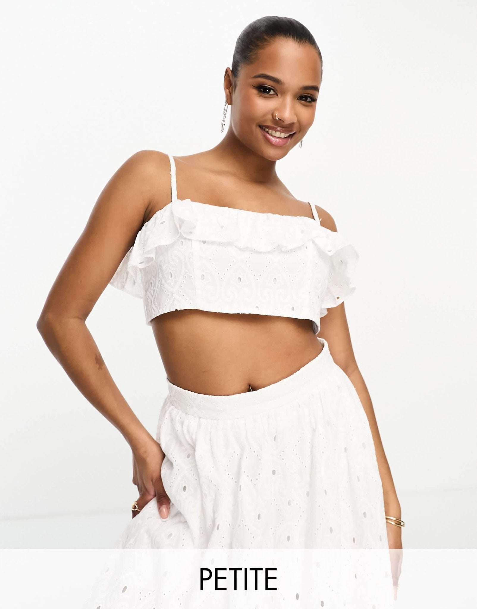 River Island Petite co - ord broderie bandeau frilly crop top in white - ASOS Sample Sale