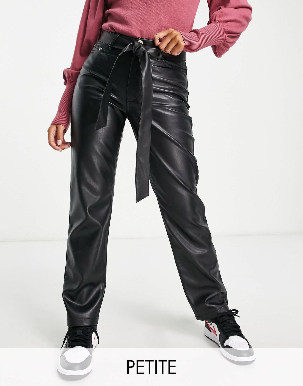 River Island Petite faux leather straight leg trouser in black - ASOS Sample Sale