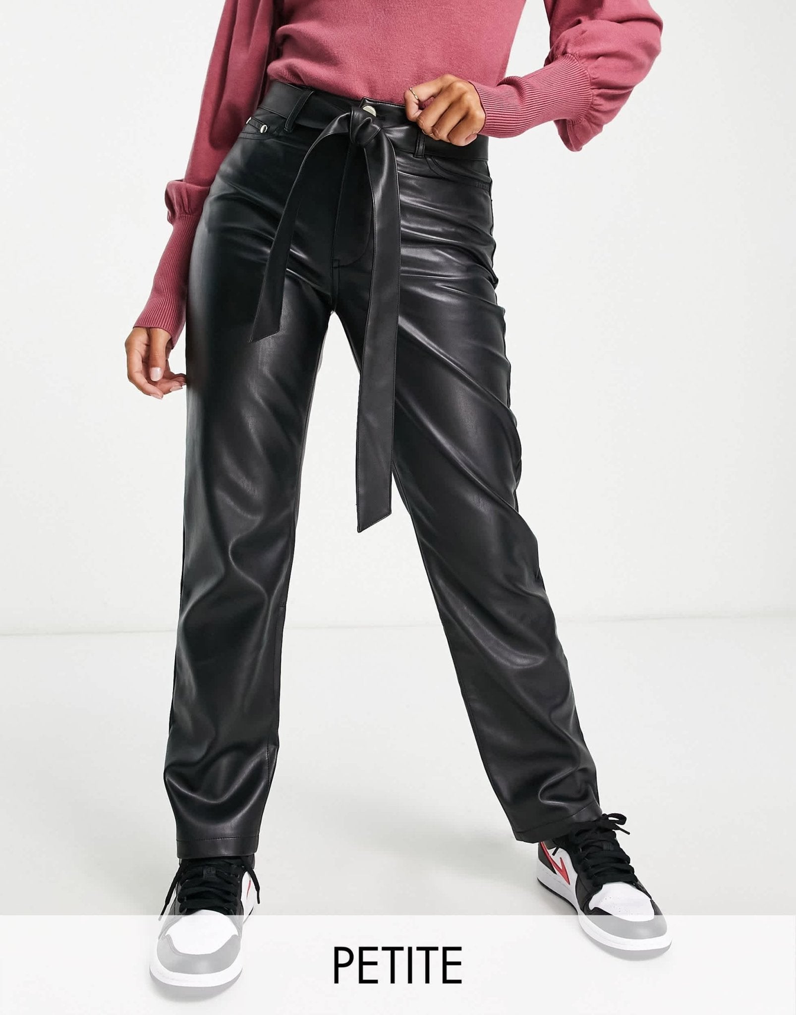 River Island Petite faux leather straight leg trouser in black - ASOS Sample Sale