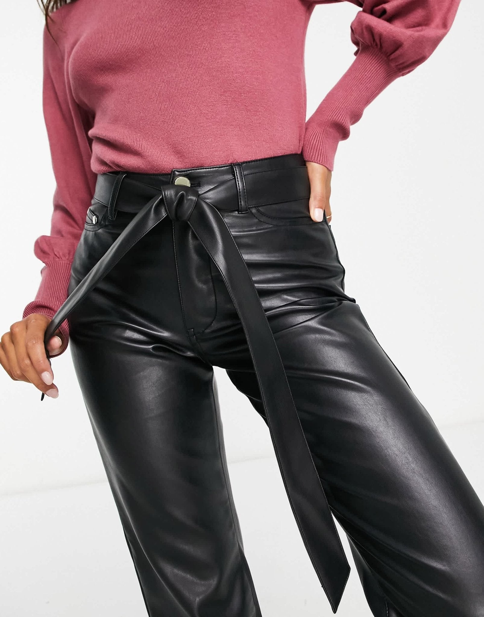 River Island Petite faux leather straight leg trouser in black - ASOS Sample Sale