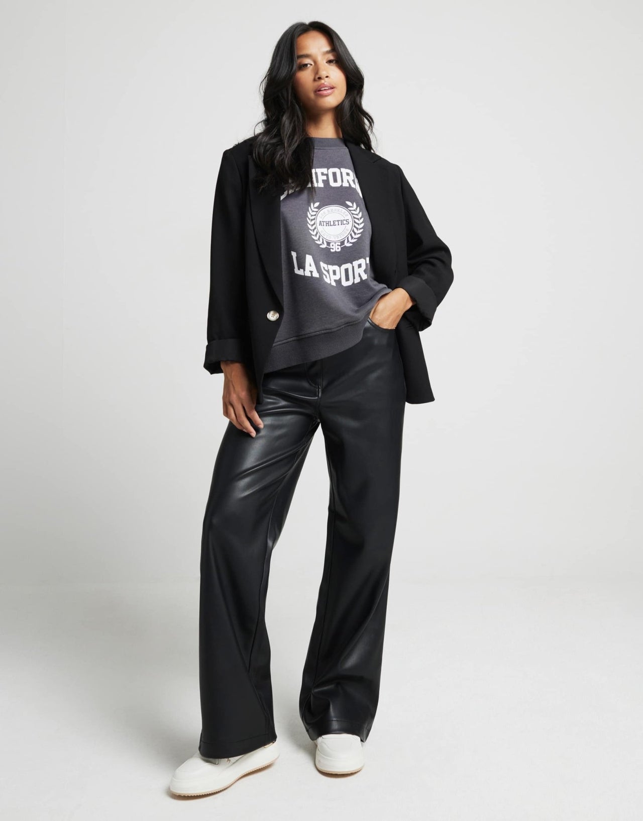 River Island Petite faux leather straight leg trouser in black - ASOS Sample Sale