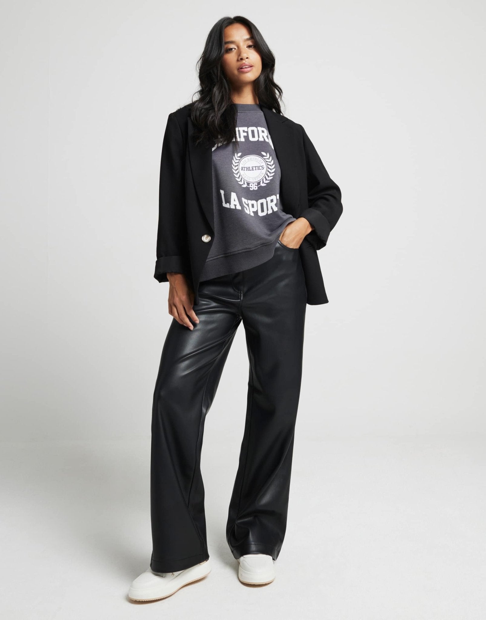 River Island Petite faux leather straight leg trouser in black - ASOS Sample Sale