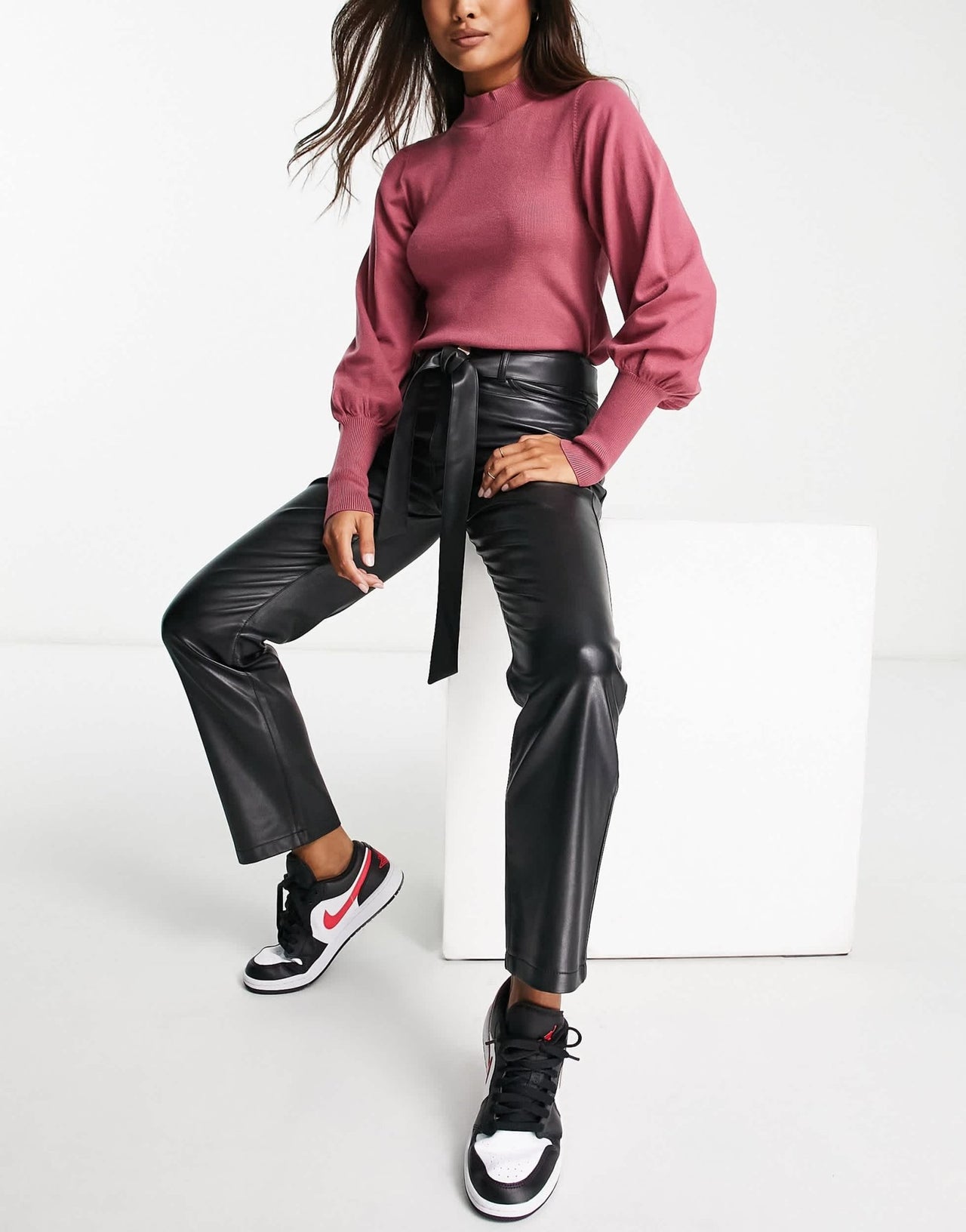 River Island Petite faux leather straight leg trouser in black - ASOS Sample Sale