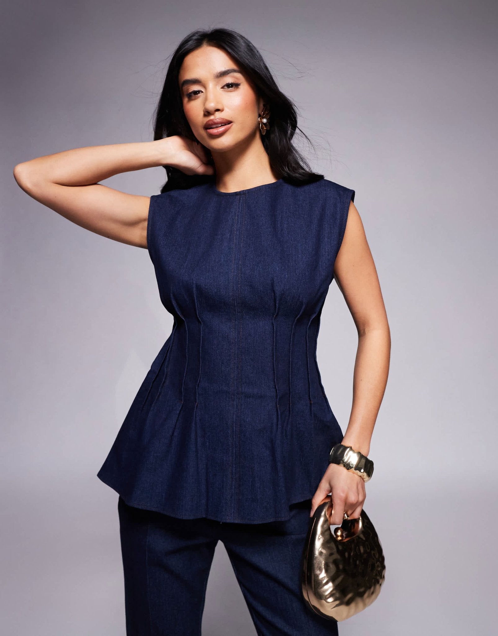 River Island Petite pintuck denim poplin top co-ord in darkwash blue - ASOS Sample Sale