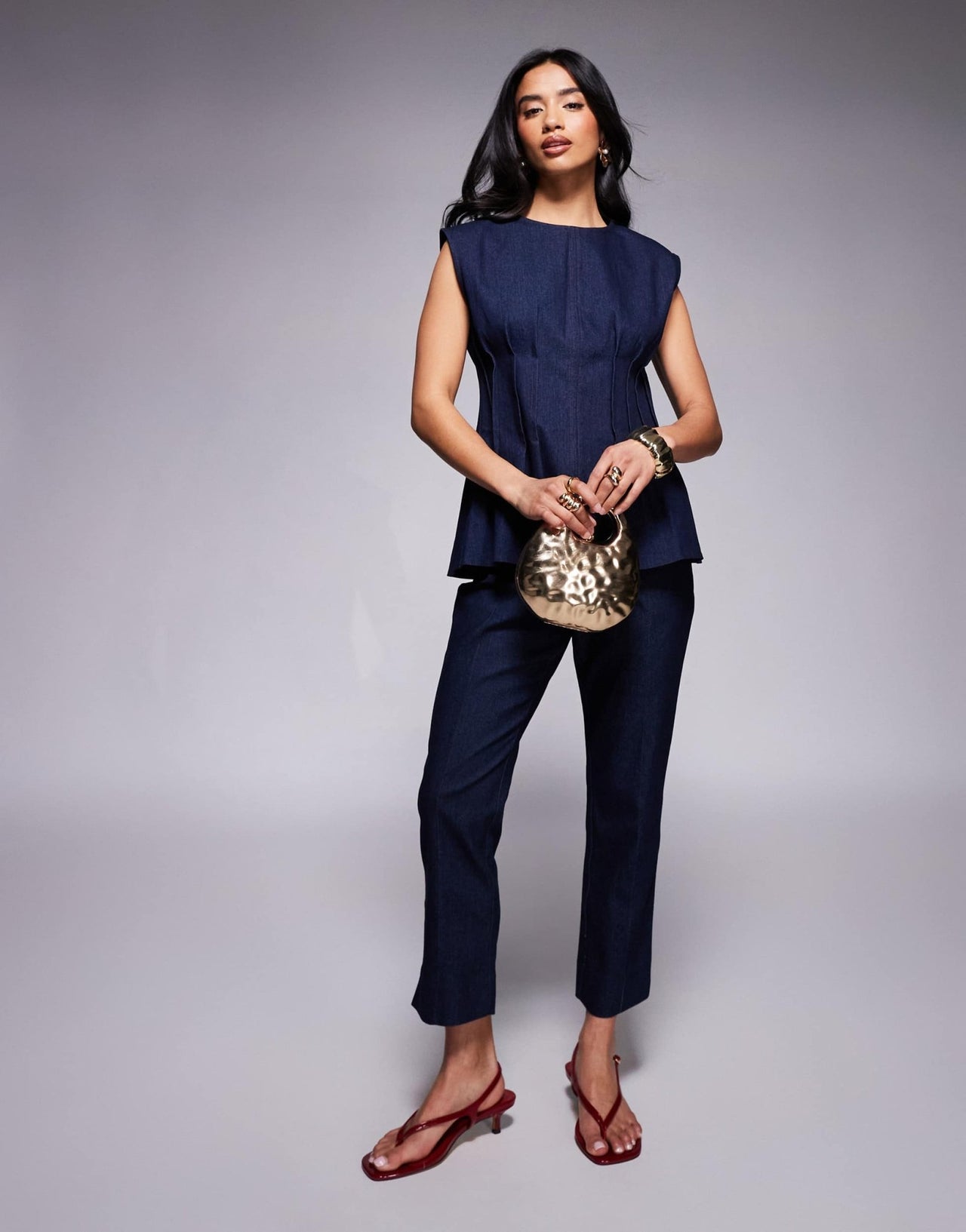 River Island Petite pintuck denim poplin top co-ord in darkwash blue - ASOS Sample Sale