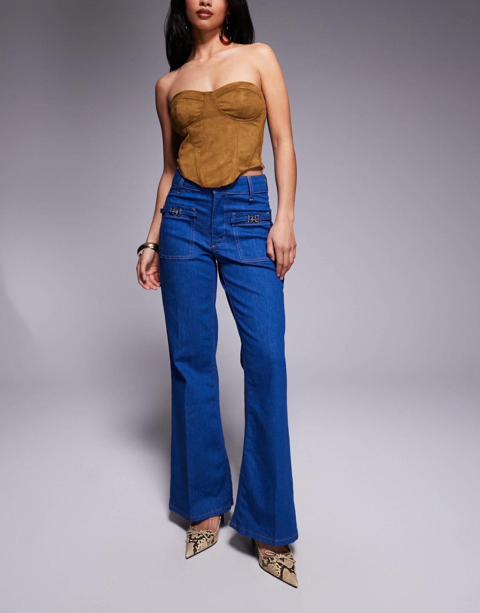 River Island Petite relaxed flare jean in bright blue - ASOS Sample Sale