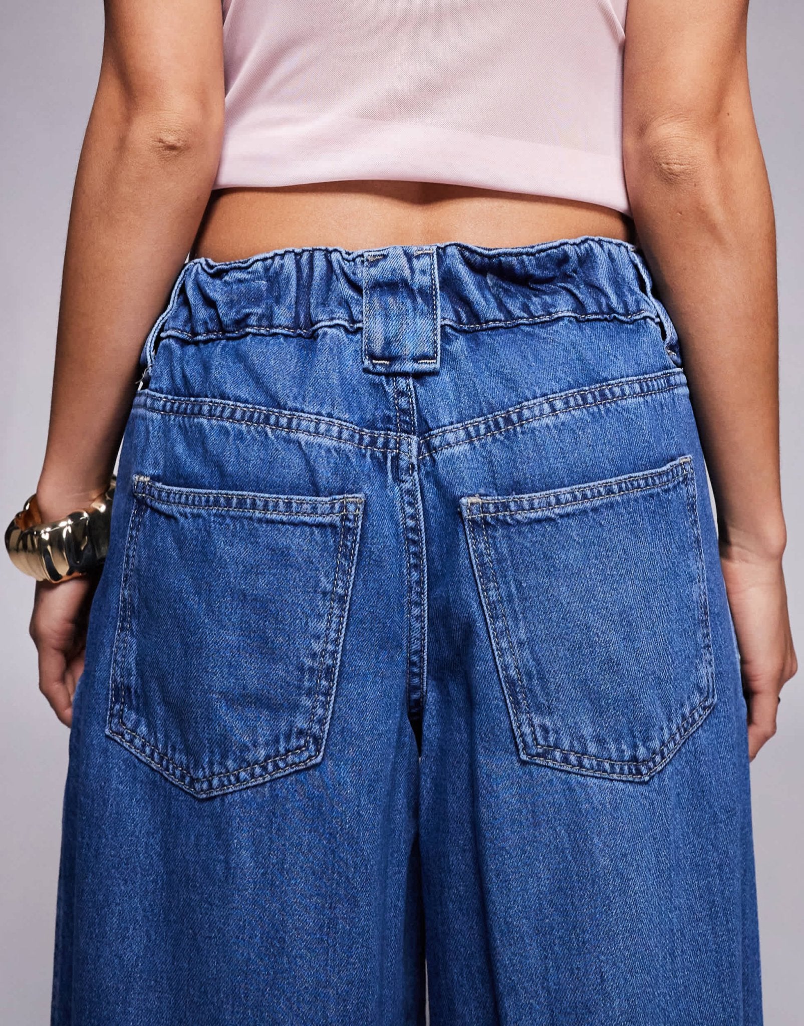 River Island Petite wide leg jean with elasticated back in midwash blue - ASOS Sample Sale