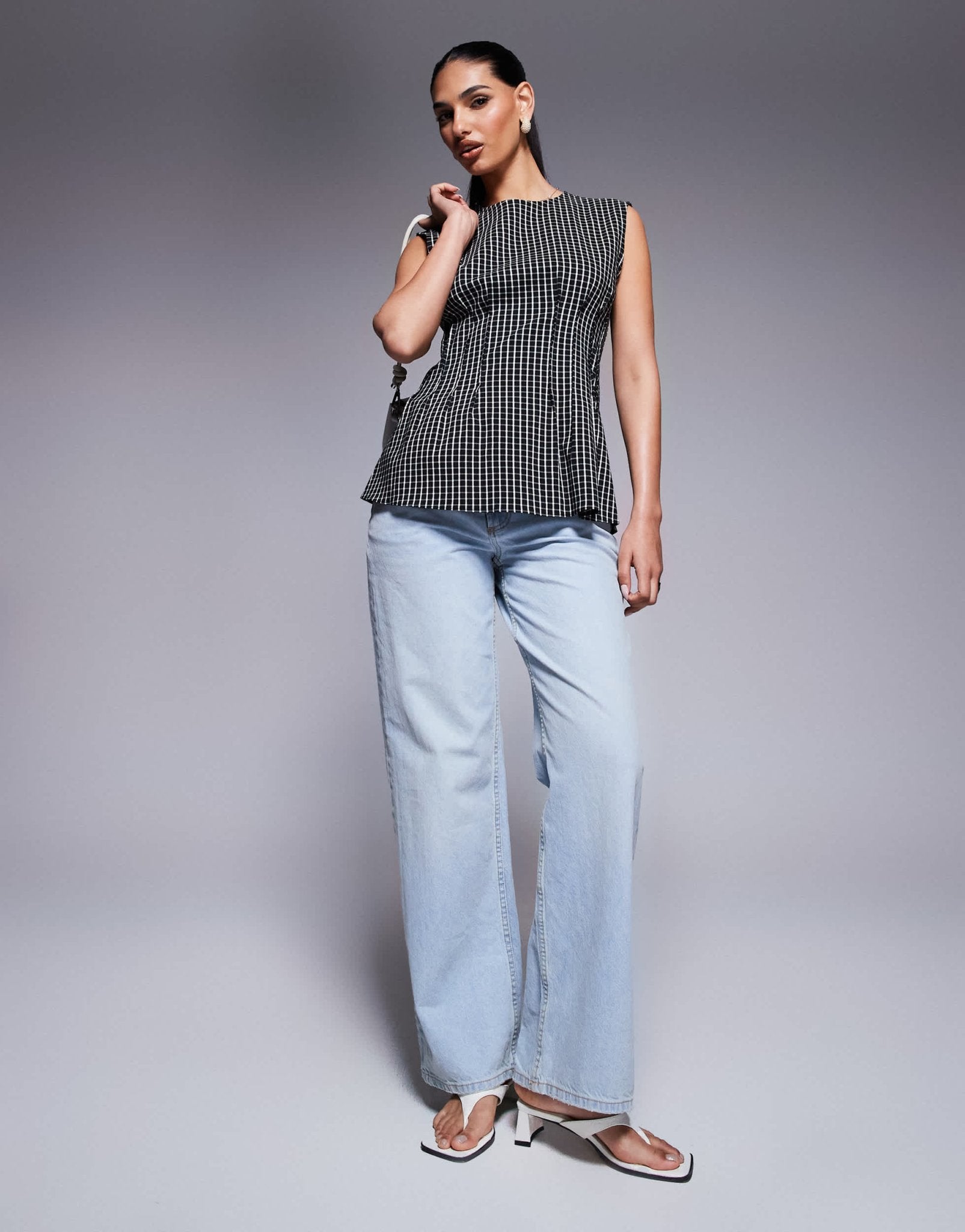 River Island pintuck check poplin top in black - ASOS Sample Sale
