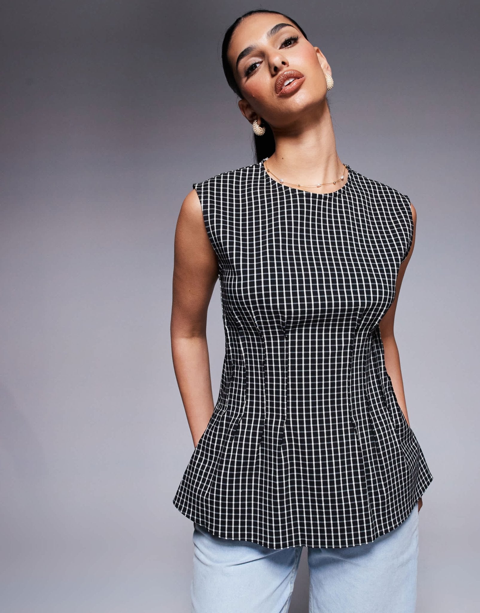 River Island pintuck check poplin top in black - ASOS Sample Sale