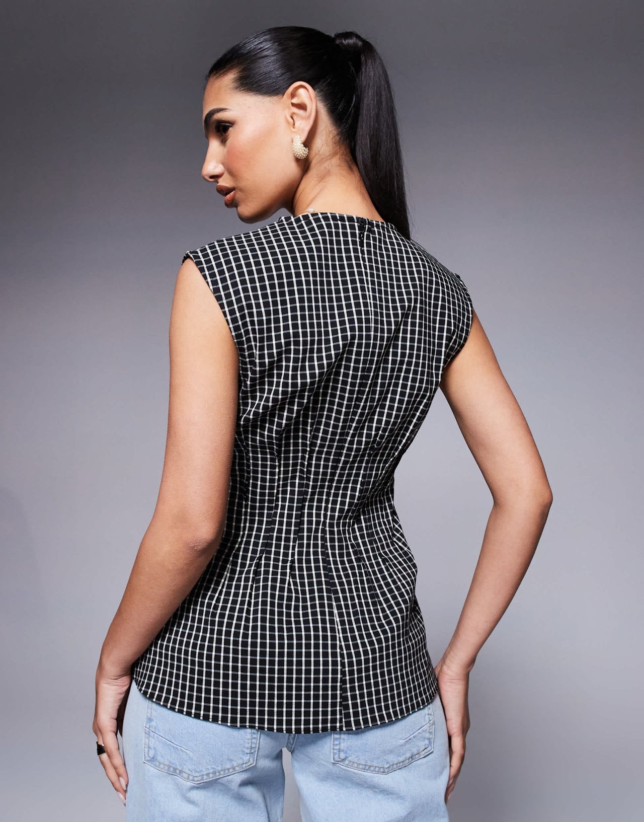 River Island pintuck check poplin top in black - ASOS Sample Sale