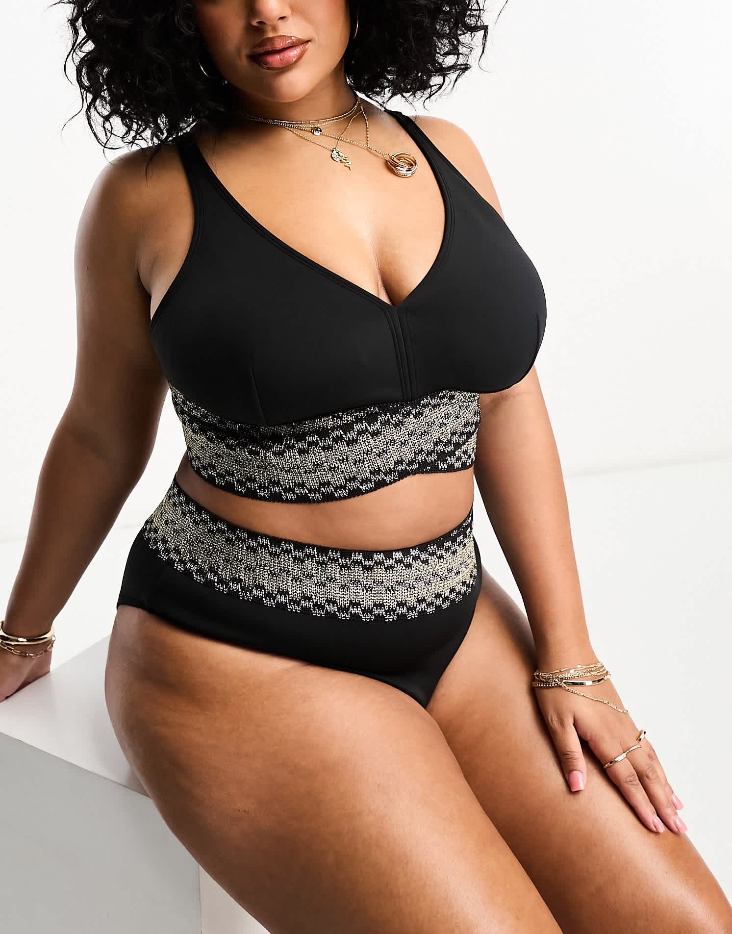 River Island Plus elastic wrap detail plunge bikini top in black - ASOS Sample Sale