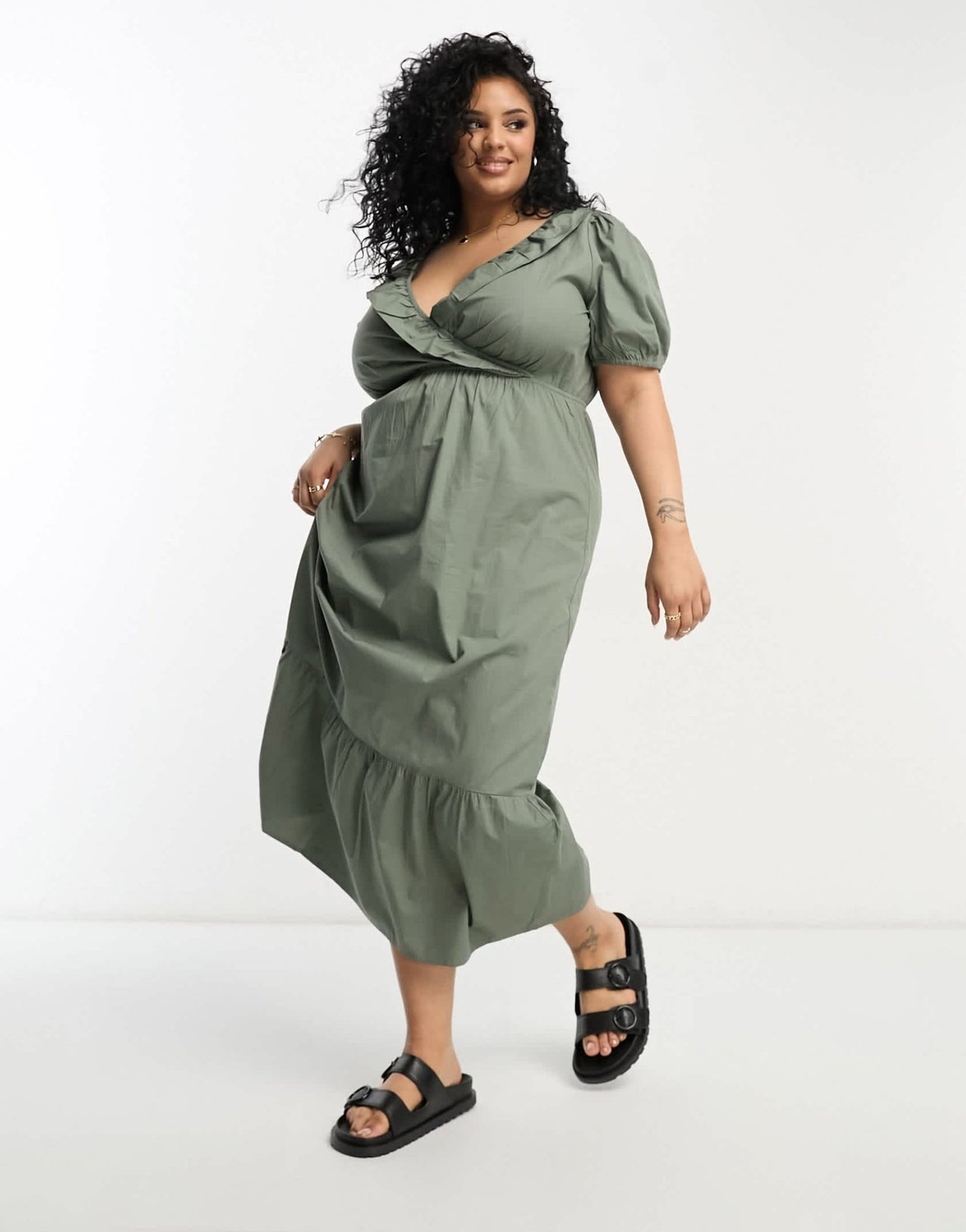 River Island Plus frill front poplin midi dress in khaki - ASOS Sample Sale